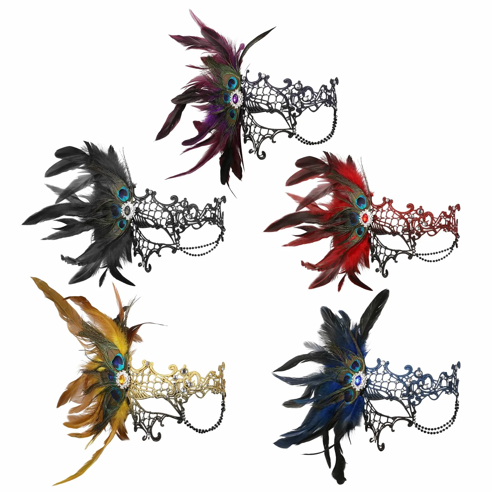 JewelryWe Wenecka monokel maska damska, elegancka maskarada, półmaska z pawimi piórami/strasem, gotycka maska monokelowa, maska jednooczna, kostium na imprezę, karnawał, Halloween, cosplay