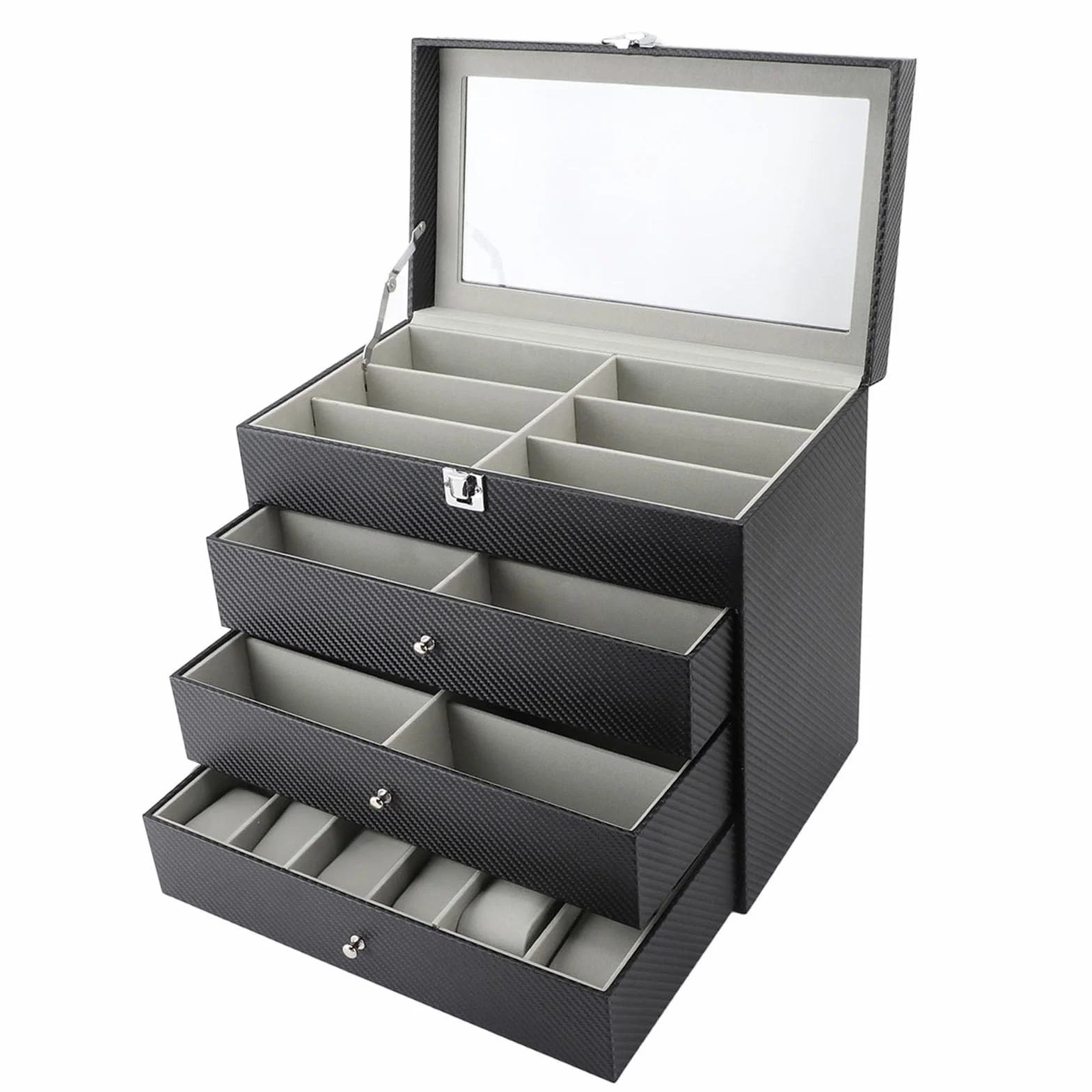 Organizer na Okulary Przeciwsłoneczne, 4 Warstwy, 27 Przegródek Organizer na Okulary z Włókna Węglowego Etui Przeciwsłoneczne z szarą aksamitną wyściółką do Sklepów Domowych