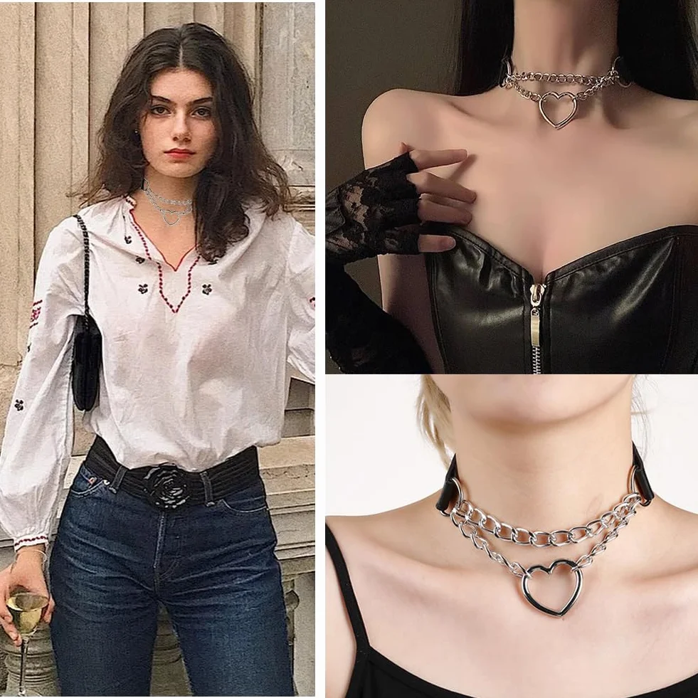 Damski naszyjnik w gotyckim stylu, punk, 2-częściowy, czarny, skóra PU i stop, 33-40 cm, łańcuszek metalowy i skórzany, haczyk S lub zatrzask, Fashion Jewelry