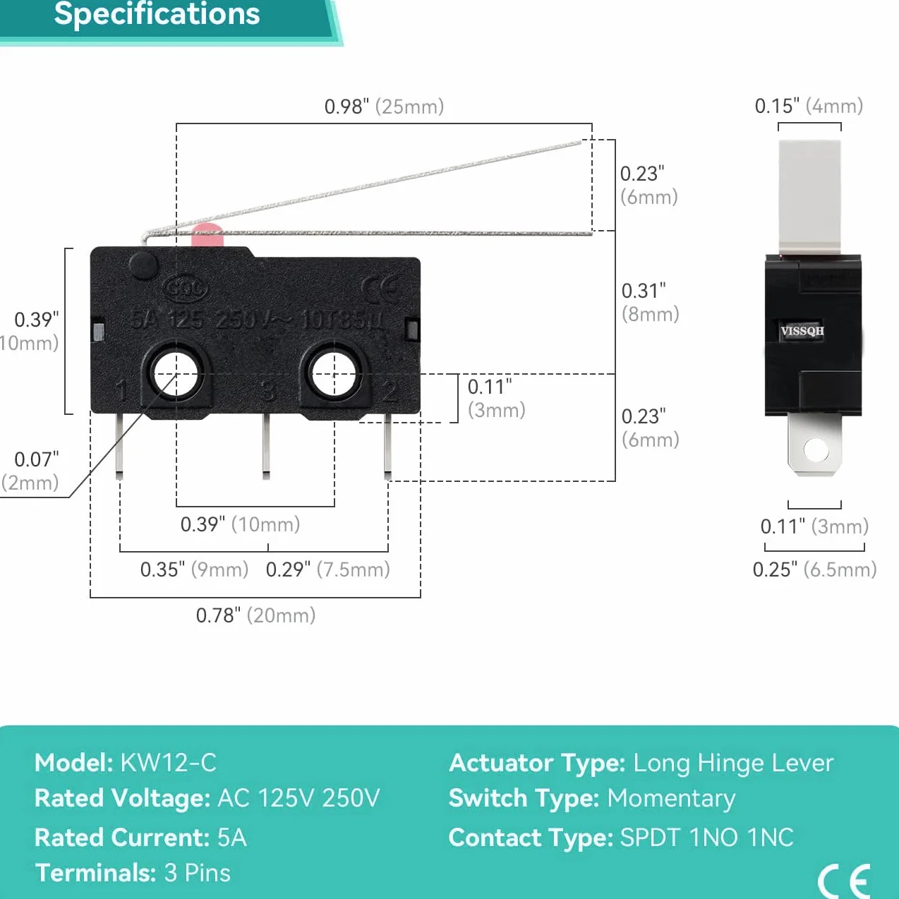 Zestaw 50 mikroprzełączników końcowych SPDT 1NO 1NC Long Straight Hinge Lever Momentary Limit Switch, AC 250 V 5 A Micro Switches 3 pin(prosty uchwyt 18 mm)