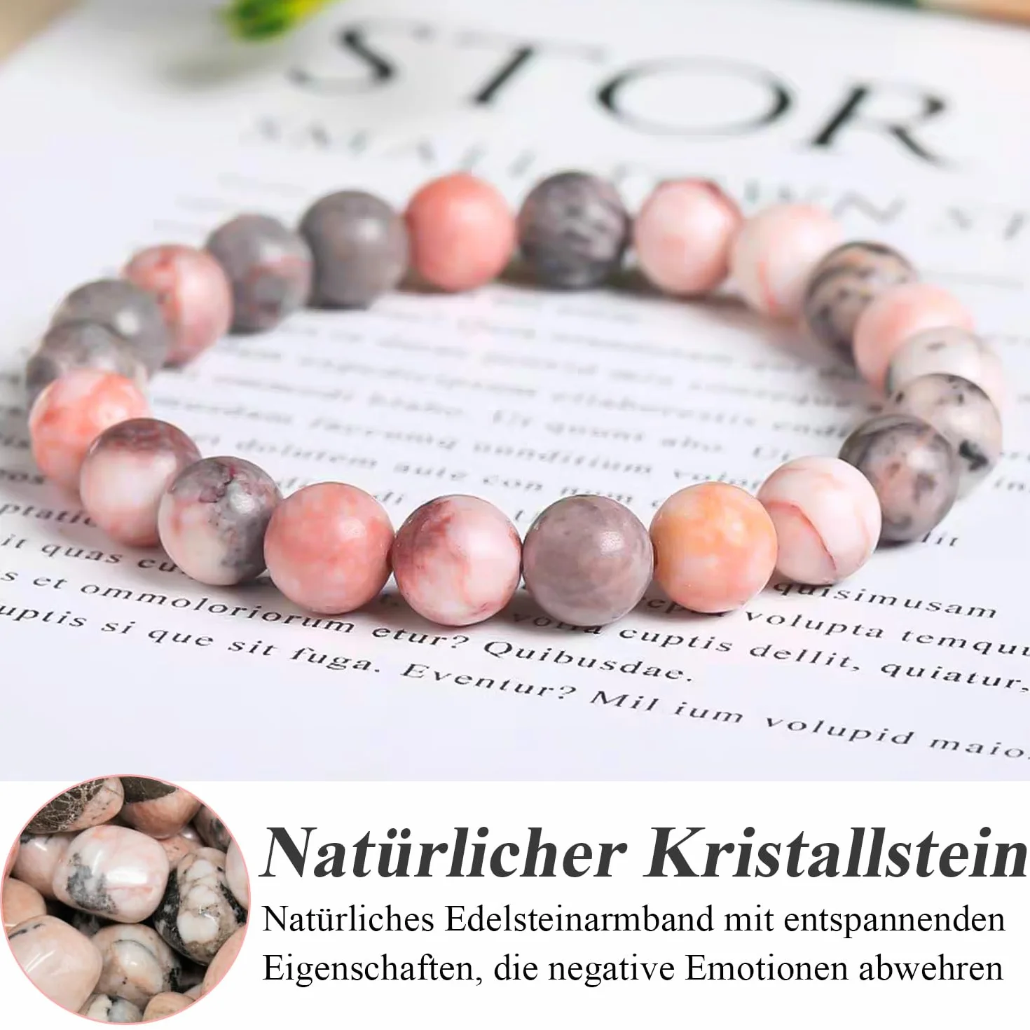Onperpoe Bransoletka z pereł dla kobiet i mężczyzn, wysokiej jakości różowy jaspis, kamienie lecznicze, 8 mm, naturalne kamienie szlachetne, bransoletka do jogi, biżuteria damska, prezent dla córki