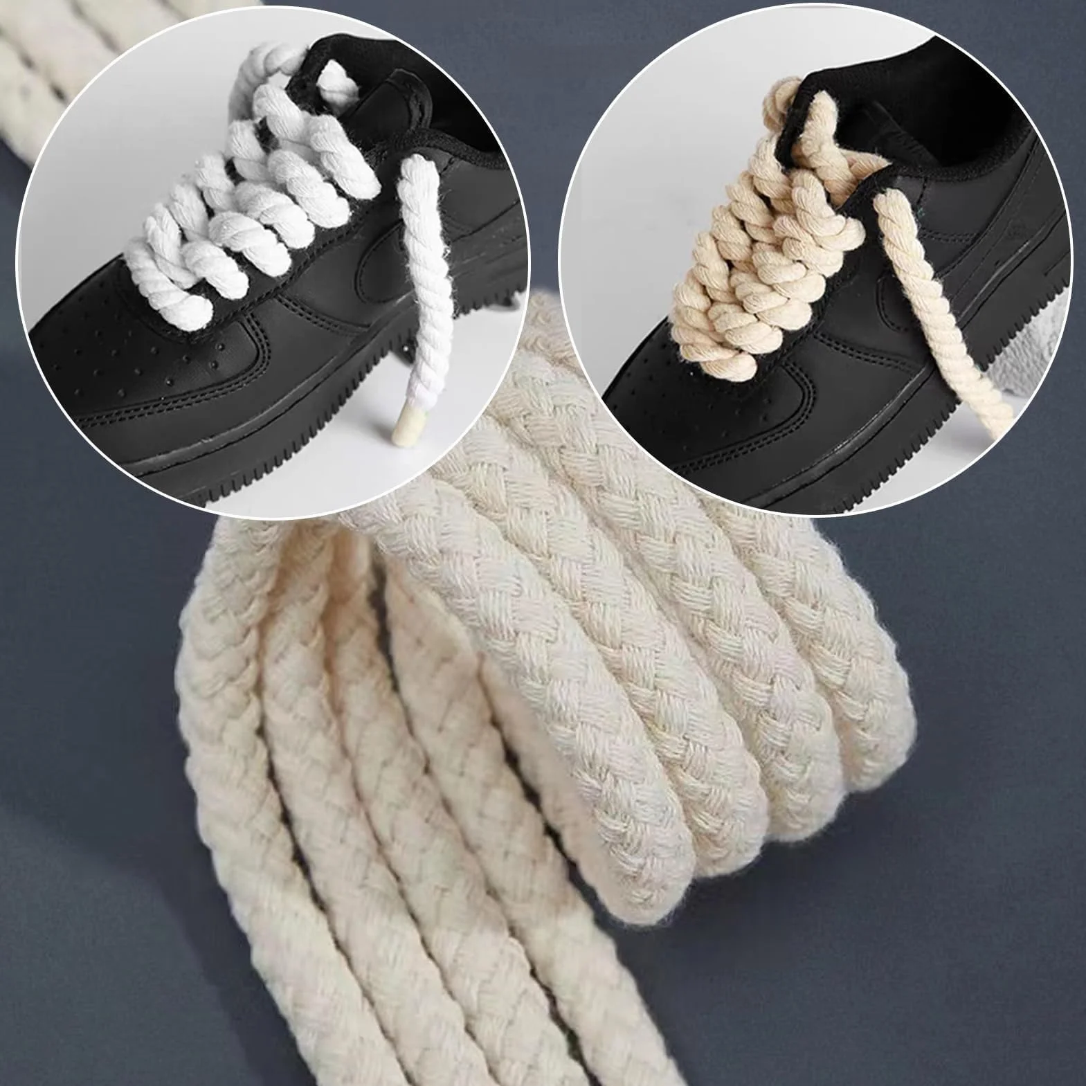 Rope Laces, 2 pary szerokich, okrągłych sznurowadeł sznurowanych do butów sportowych - 2 pary wysokiej jakości okrągłych sznurowadeł z bawełny - biały i beżowy - 160 cm, biały beżowy, 150