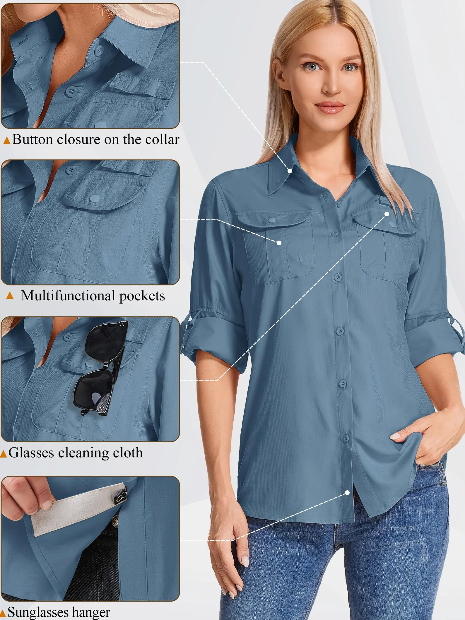 Koszula Damska Outdoor Długi Rękaw UPF 50+ Ochrona UV - Oddychająca i Szybkoschnąca Koszula Funkcjonalna do Turystyki, Wędrówek, Safari, Wędkarstwa, Golfa, Podróży i Sportu