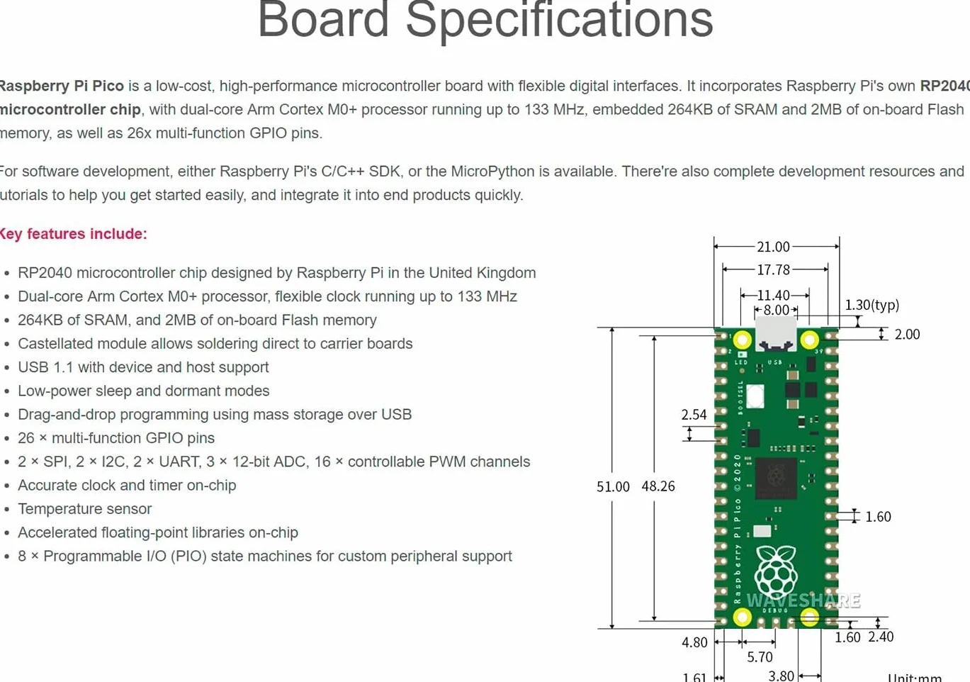 Adeept Raspberry Pi Pico z wstępnie lutowanym nagłówkiem i kablem USB, mini płytka rozwojowa mikrokontrolera, oparta na chipie Raspberry Pi RP2040, dwurdzeniowy procesor ARM Cortex M0+