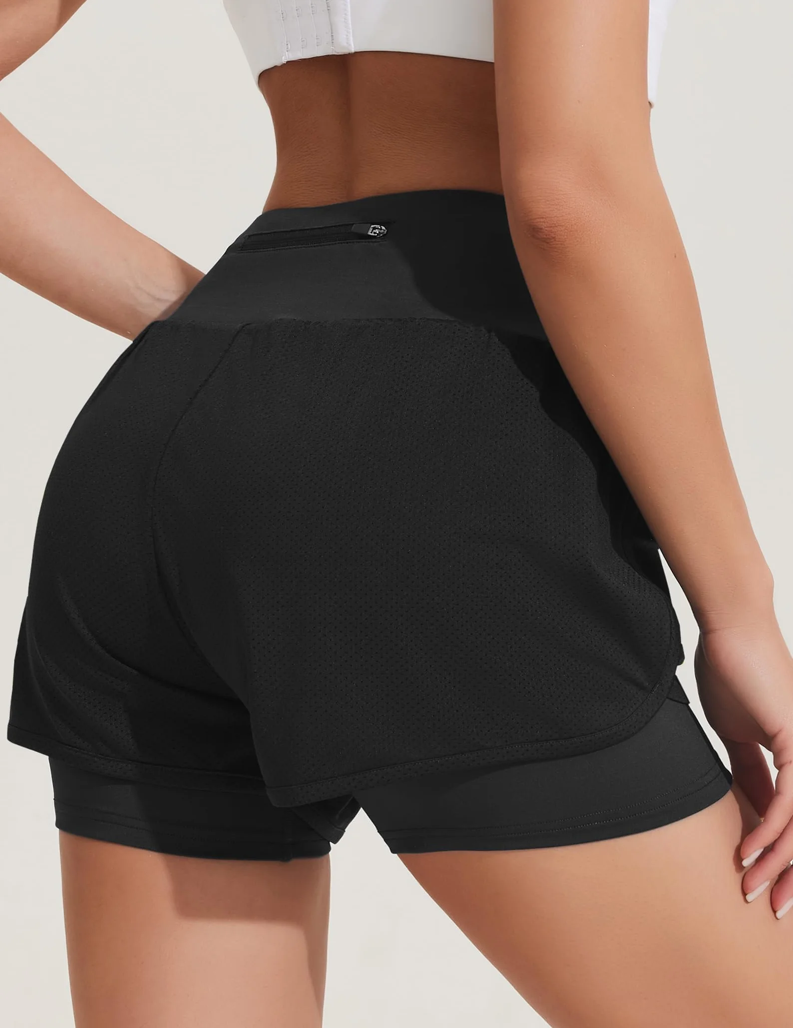 PINSPARK Damskie krótkie spodenki do biegania z wysokim stanem, spodenki sportowe 2 w 1, z kieszenią, szybkoschnące, do biegania, fitnessu, jogi, joggingu, spodnie treningowe