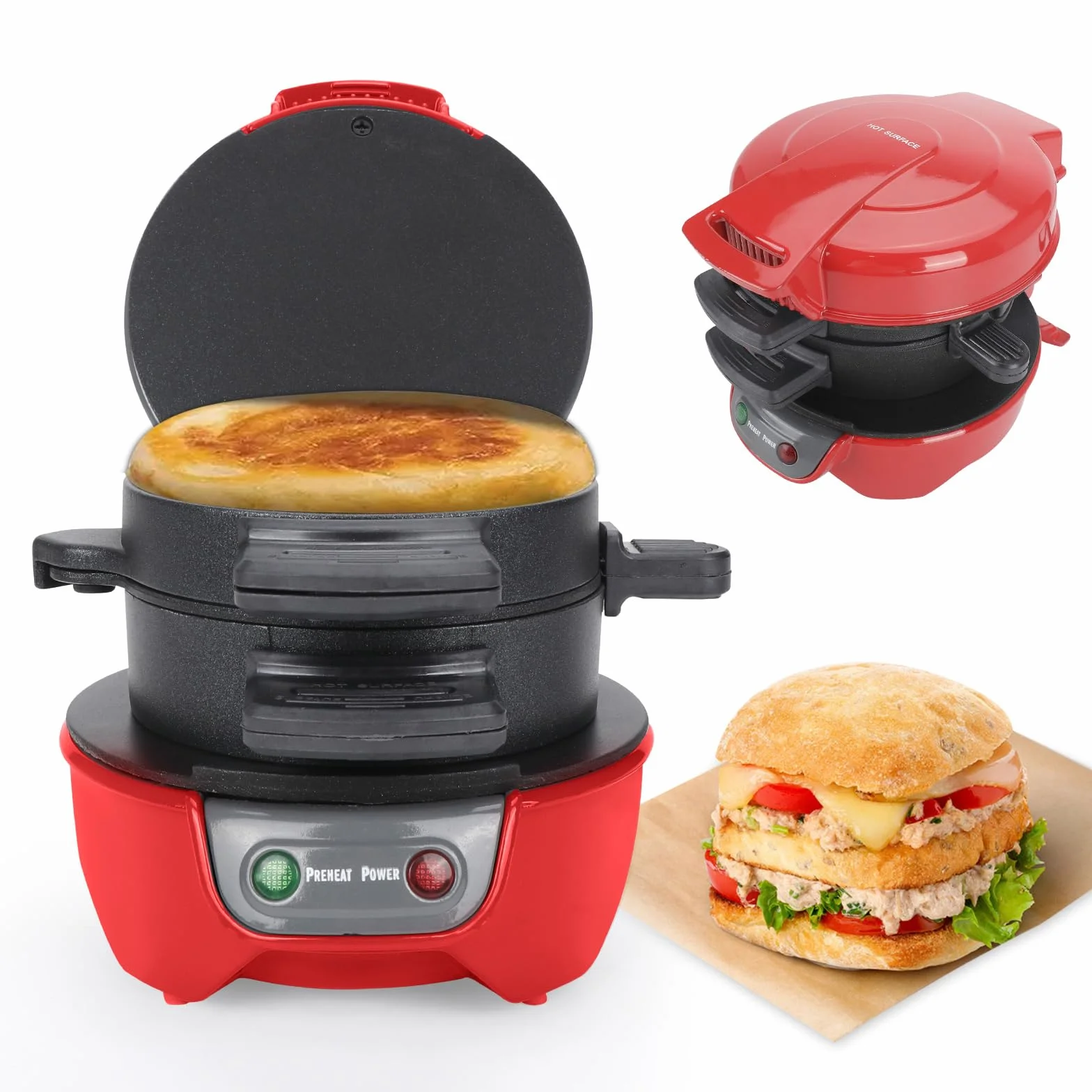 Toster do kanapek, hamburgerów, wydajne, nieprzywierające płyty grzewcze, do mycia w zmywarce, 600 W, dla pieczenia, chleba, patelni, naleśników