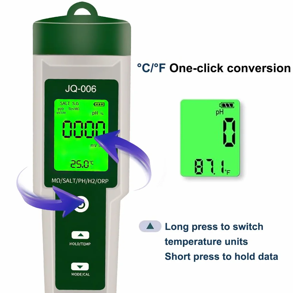 OBEST Cyfrowy miernik pH do basenu 10 w 1, PH/TDS/S.G/EC/zasolenie/MΩ/H2/OPR/płodność/Temp miernik soli z wyświetlaczem LCD do wody pitnej, basenu, spa lub laboratorium