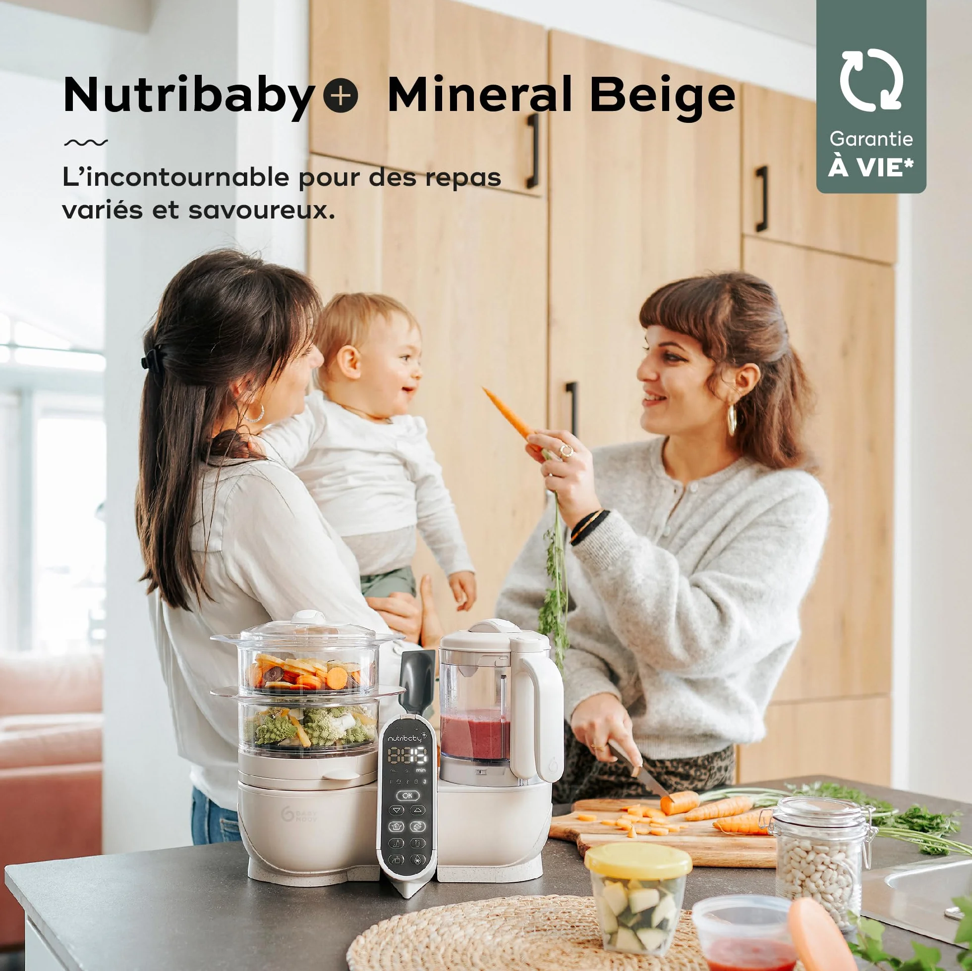 Babymoov Nutribaby(+), wielofunkcyjny robot do gotowania dla niemowląt 6 w 1, parownik, duża pojemność 2,2 l, mineralny beżowy