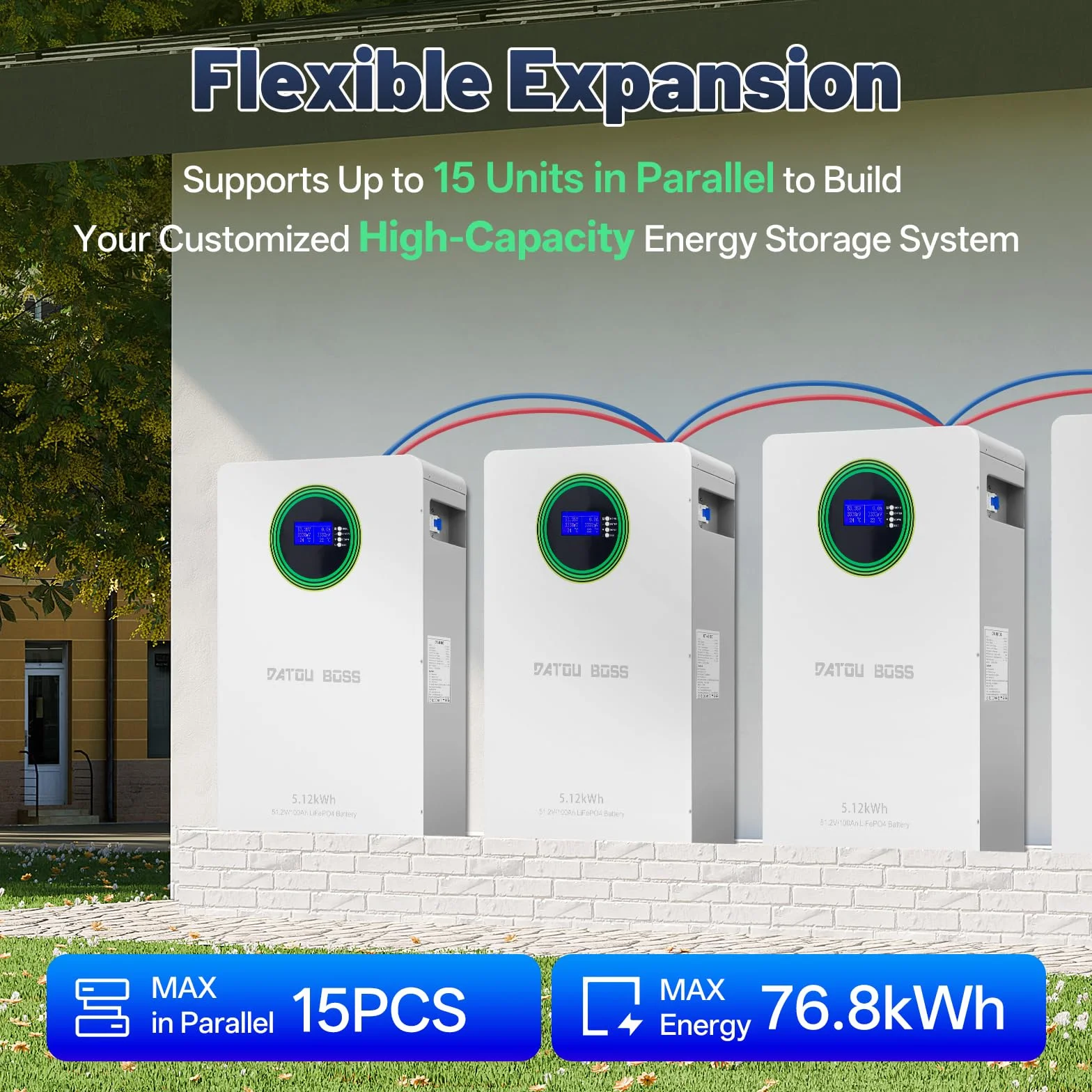 DATOUBOSS Akumulator LiFePO4 48V 100Ah 5,12kWh, 8000+ cykli, litowa bateria magazynująca energię z BMS, montaż na ścianie, RS485/CAN, możliwość rozbudowy równoległej, do instalacji PV, off-grid, domu