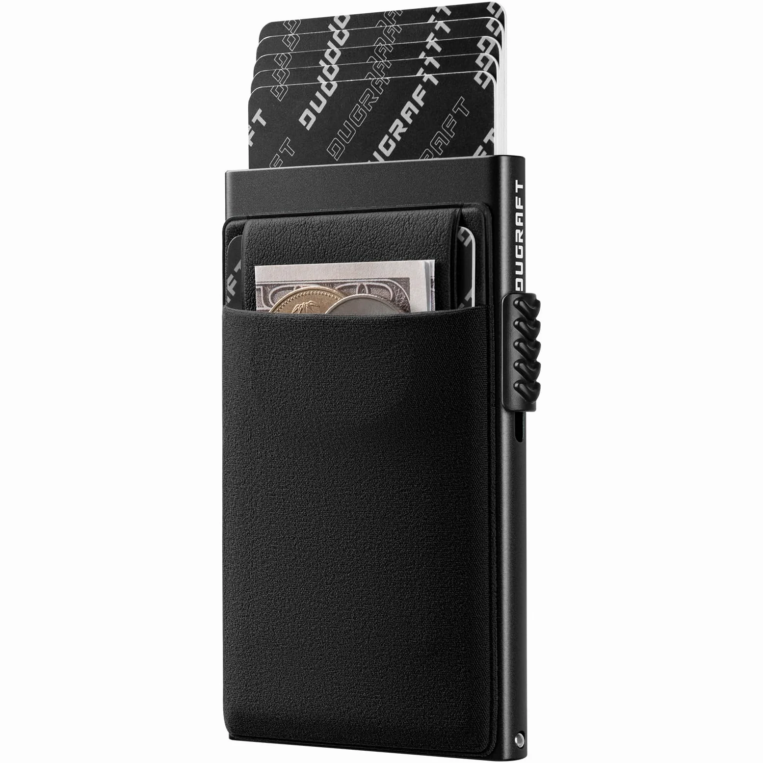 DUGRAFT Portfel Męski z Mechanizmem Pop-Up i Kieszenią na Monety – Minimalistyczny, RFID-Blocking, Metalowy (Aluminium) – Na 5-7 Kart i Banknoty + Eleganckie Pudełko na Prezent, Czarny