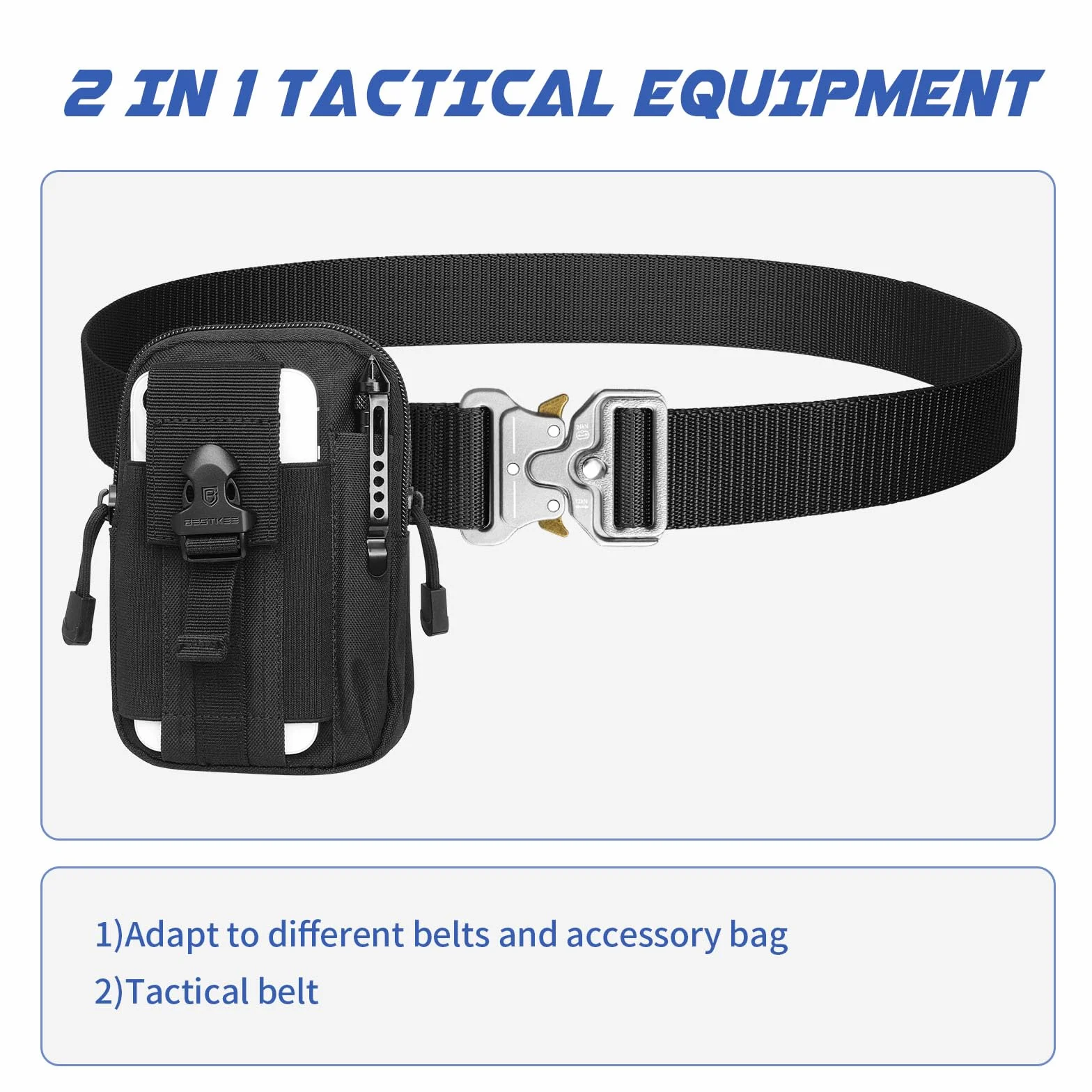 BESTKEE Pasek taktyczny, wojskowy pasek roboczy, 3,8 cm, wytrzymały nylon, czarny pasek z szybkim zapięciem, metalowa klamra, prezent z taktycznym workiem Molle i haczykiem, do polowania na świeżym