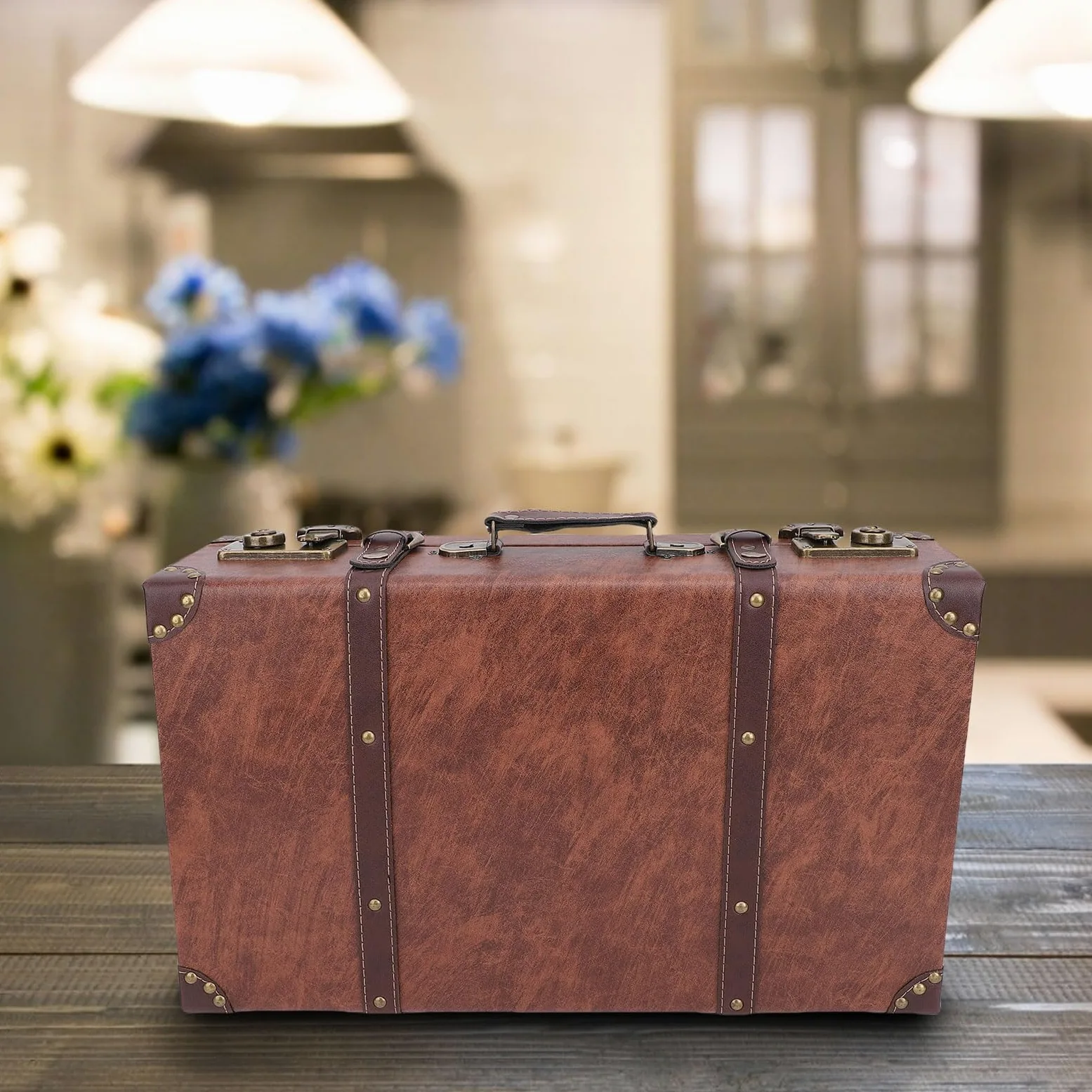 Walizka w Stylu Vintage, Drewniana Skrzynia do Przechowywania w Stylu Retro ze Skórzanym Uchwytem do Bagażu Podróżnego do Wystroju Wnętrz, Wielofunkcyjne Ozdobne Pudełko do