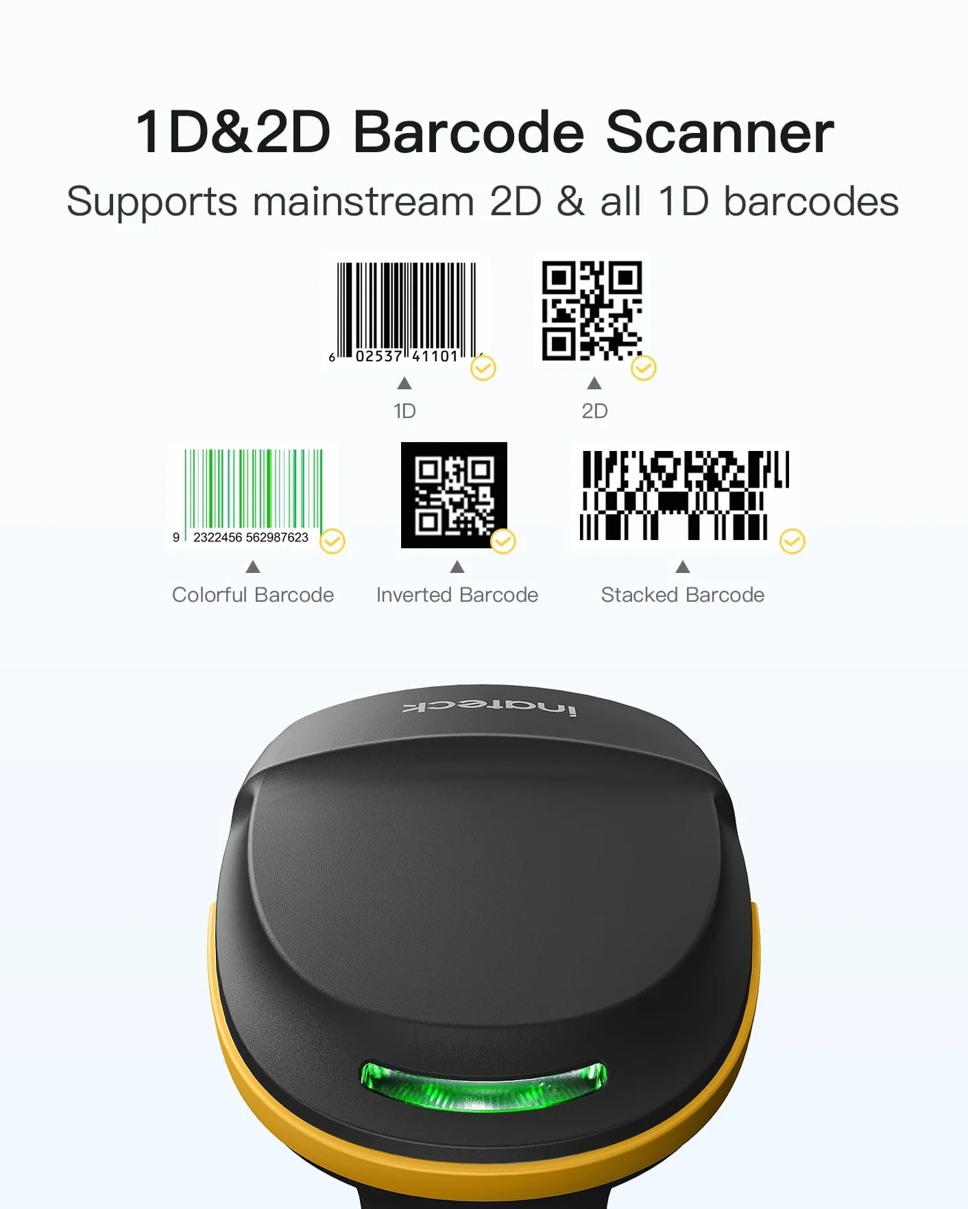 Inateck BCST-54 bezprzewodowy skaner kodów kreskowych 2D, Bluetooth 5.0, inteligentna stacja 2,4 GHz, skanowanie ekranu, BCST-54 (czarny)