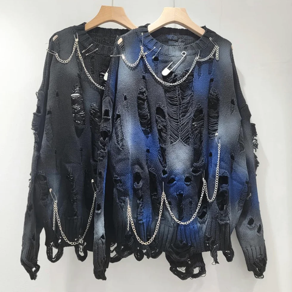 Damski gotycki sweter oversize z długim rękawem, wycięciami, okrągłym dekoltem, podarty sweter, bluza dziergana