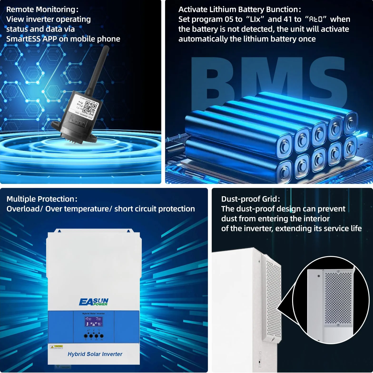 POWLAND 6200W Hybrydowy inwerter 48V, inwerter off-grid z czystą falą sinusoidalną, DC 48V do AC 230V, maksymalne PV 60-500VDC, do akumulatorów ołowiowych i litowych 48V, z modułem WiFi