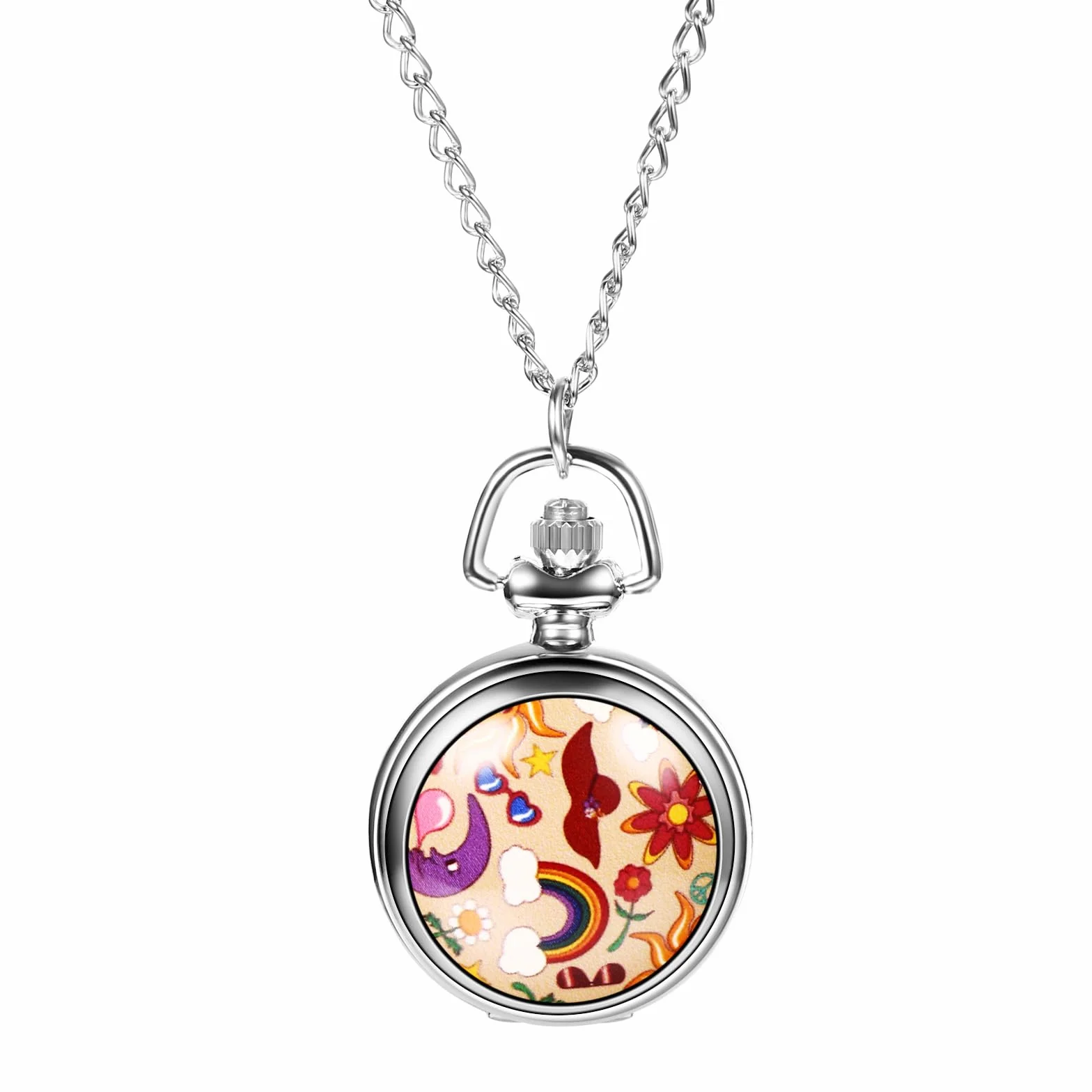 JewelryWe Zegarek kieszonkowy damski, elegancki zegarek z motywem drzewa życia/czaszki/motyla/anioła, dziewczęcy, analogowy zegarek kwarcowy z łańcuszkiem, kieszonkowy, prezent, różowe złoto, Srebrny
