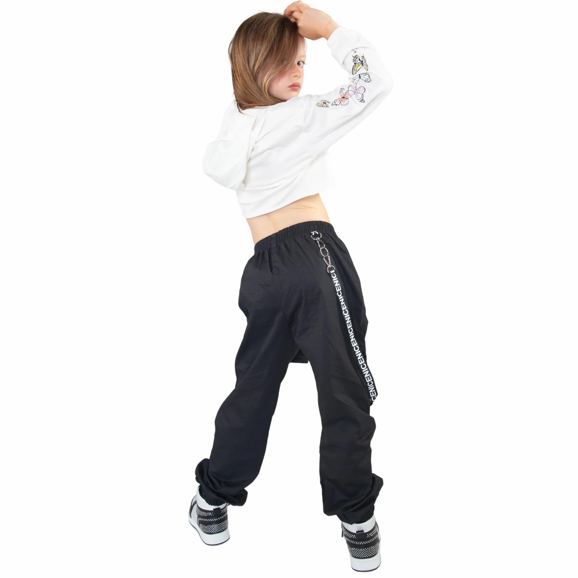 Barielle 10013 Dwuczęściowy strój hip-hopowy dla dzieci, bluza z kapturem z odkrytym brzuchem, spodnie cargo z łańcuszkiem, strój do tańca, 134-176