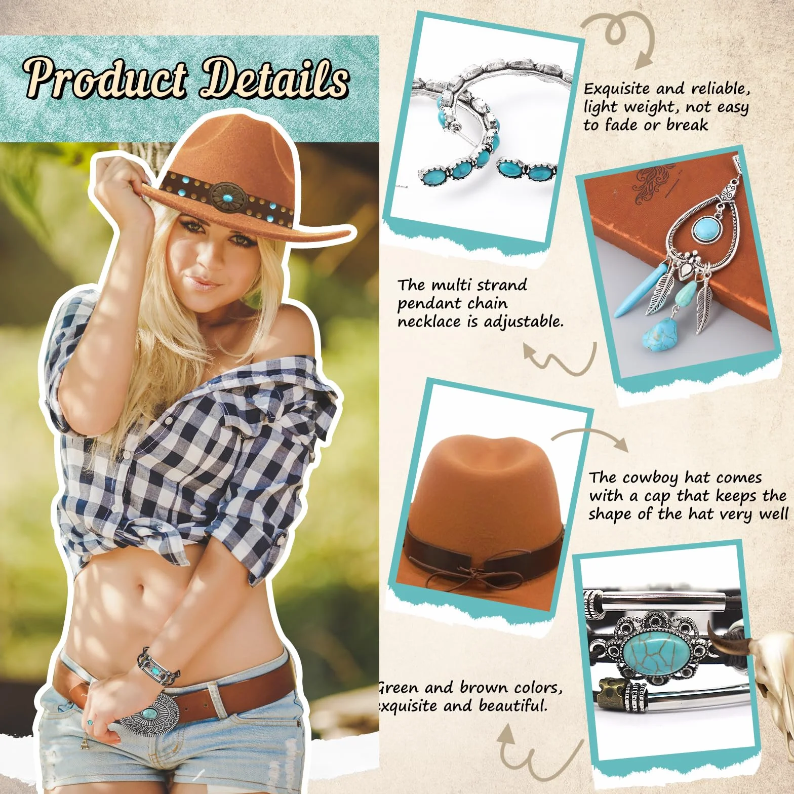 Zestaw 7 sztuk akcesoriów do kapelusza kowbojskiego dla kobiet, zestaw kostiumów western cowgirl z kapeluszami kowbojskimi, paskiem, naszyjnikiem boho, kolczykami, pierścionkami