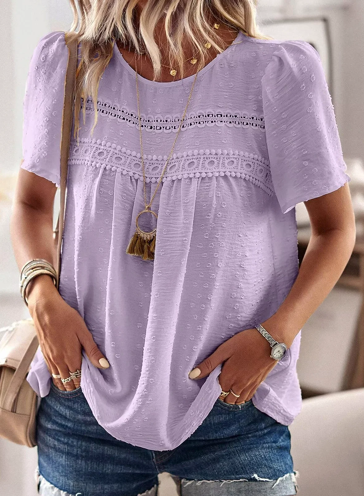 Top Damski Letni Bluzka Boho Z Krótkim Rękawem Elegancka Koszulka Z Okrągłym Dekoltem Swobodne Stroje Koronkowa Odzież