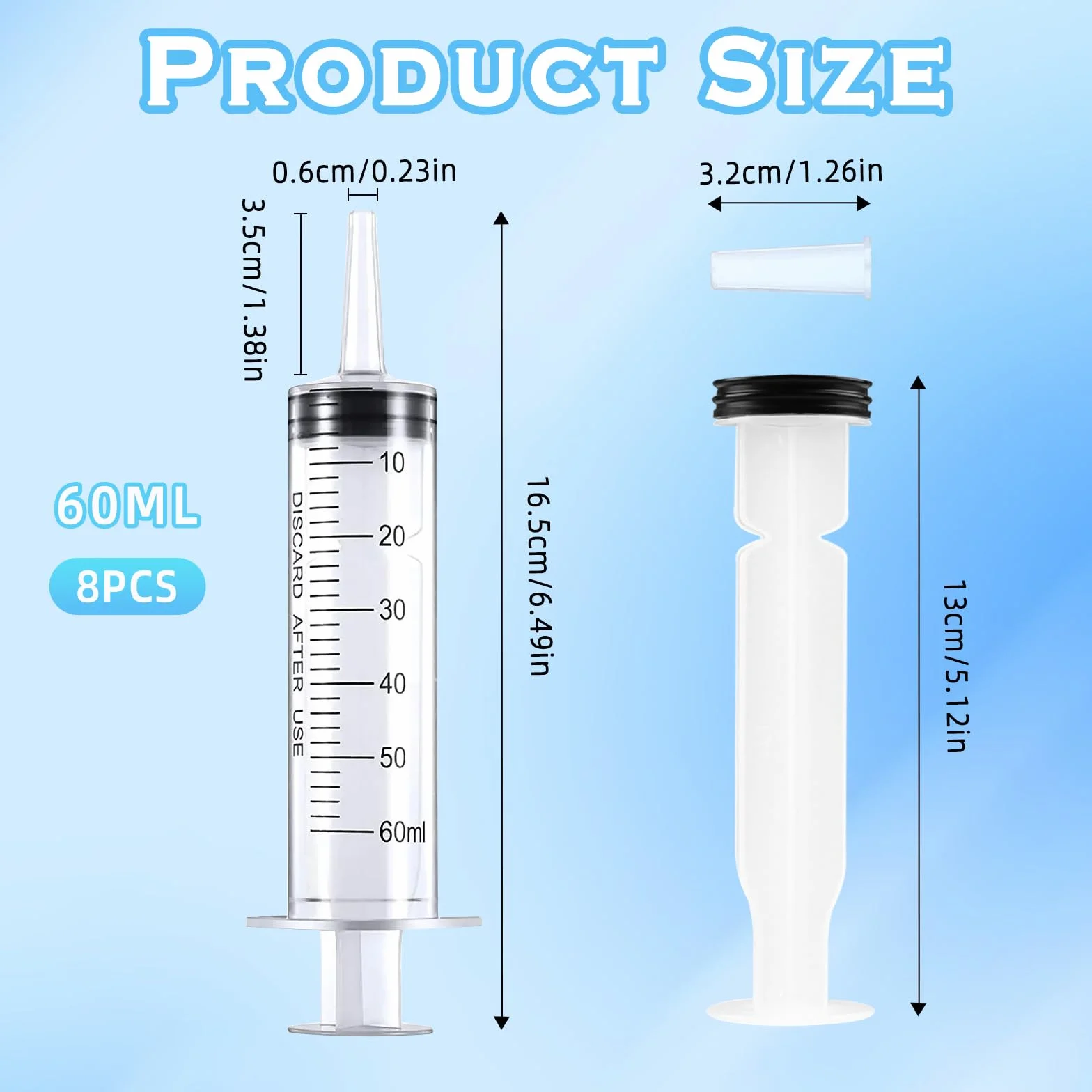 8 sztuk dużych strzykawek 60 ml, strzykawki z tworzywa sztucznego, pojedynczo zapakowane, strzykawka dozująca z nasadką, wielokrotnego użytku, do laboratoriów naukowych, pomiarów, dozowania,