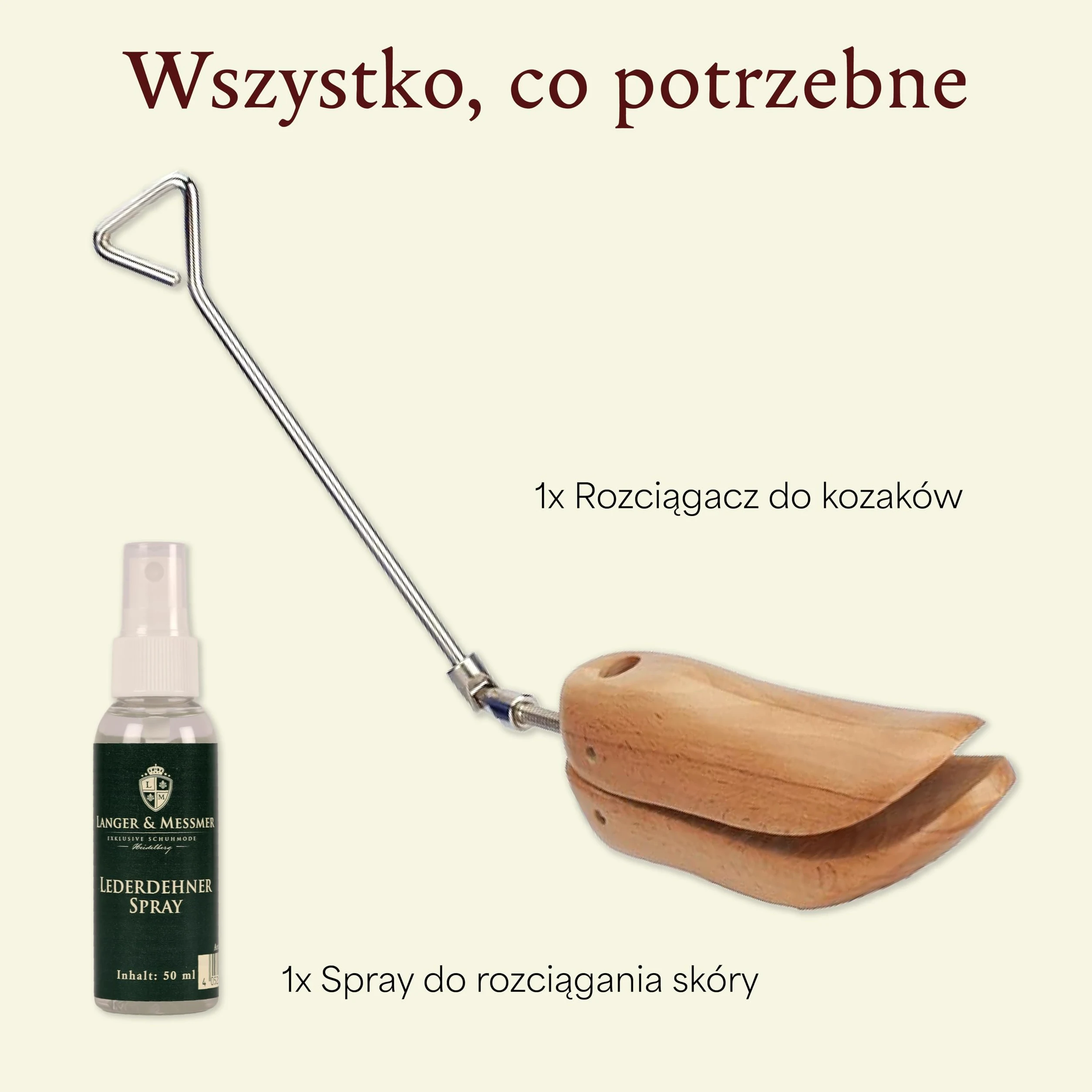 Langer & Messmer Rozciągacz do butów dla mężczyzn przeciwko uciskającym butom – wykonany z litego drewna bukowego i w zestawie spray do rozciągania skóry 50 ml