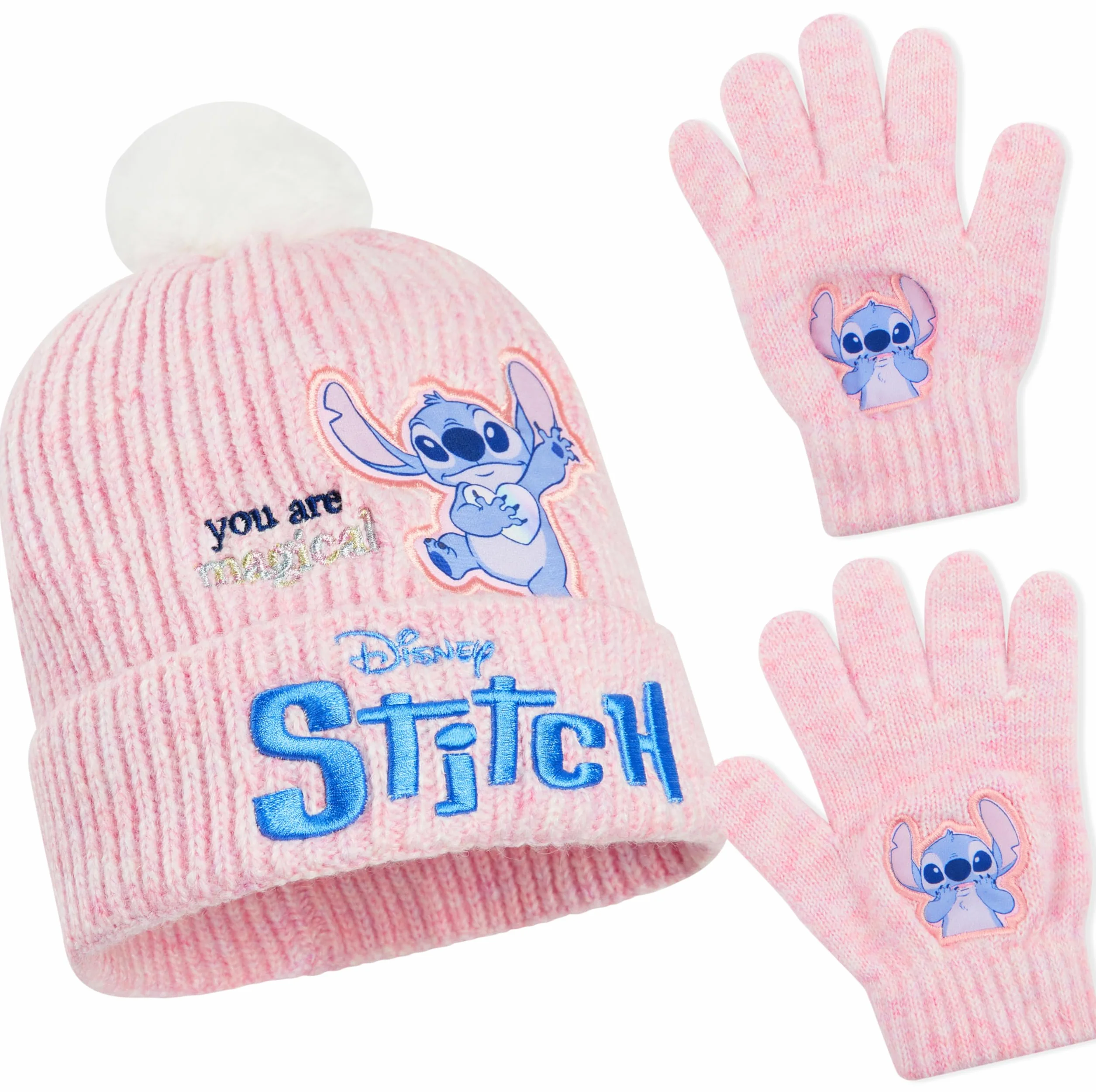 Disney Stitch zestaw czapek i rękawiczek dla dziewczynek, zestaw akcesoriów zimowych do szkoły lub podróży 2 sztuki prezent dla dzieci i młodzieży (6-14 lat, różowy ścieg)