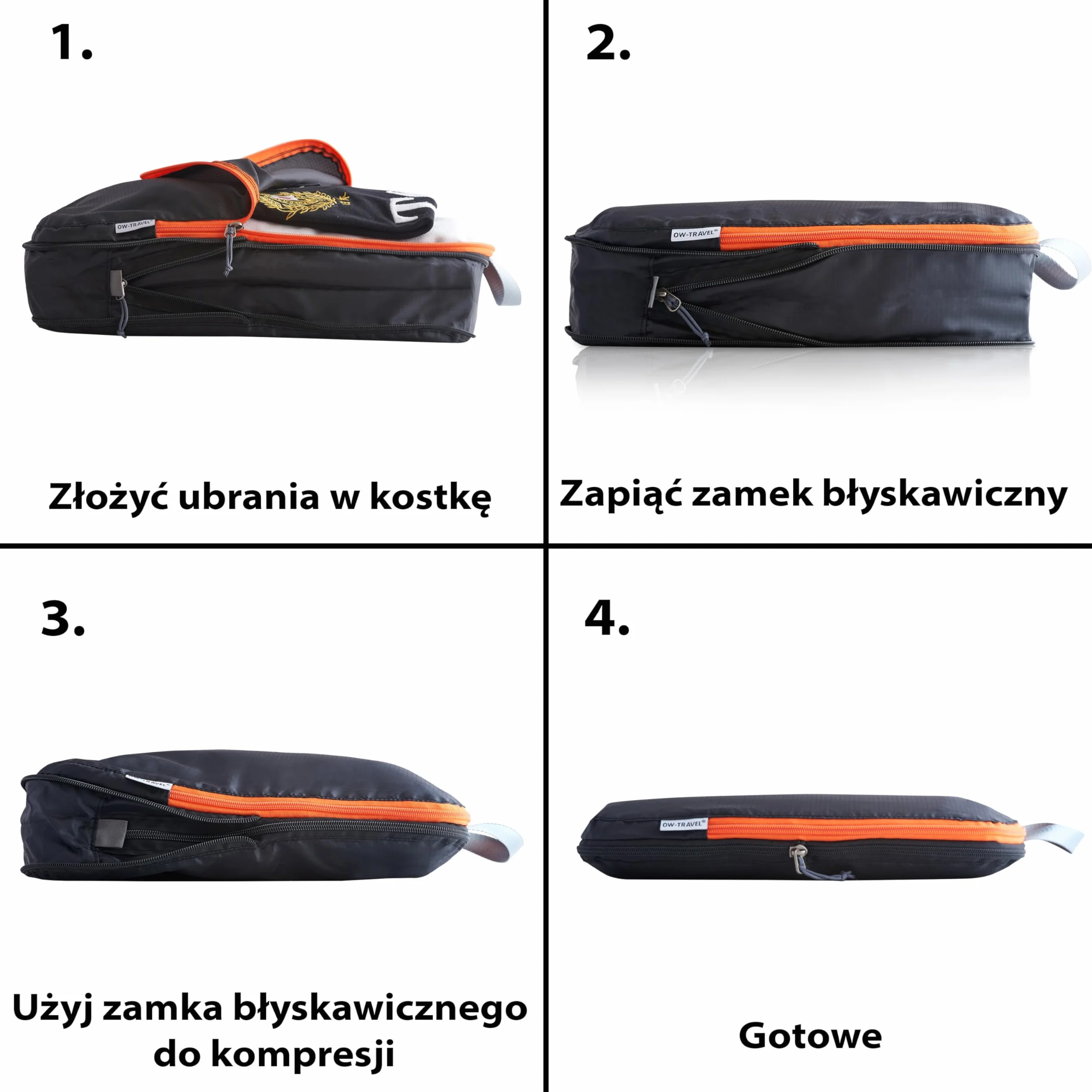 OW-Travel Łatwe do zorganizowania kompresyjne kostki do pakowania walizek. 4 Duże Kostki Podróżne do Torby Plecaka Bagażu. Akcesoria podróżne Niezbędne na wakacje. 4 szt. C zarny