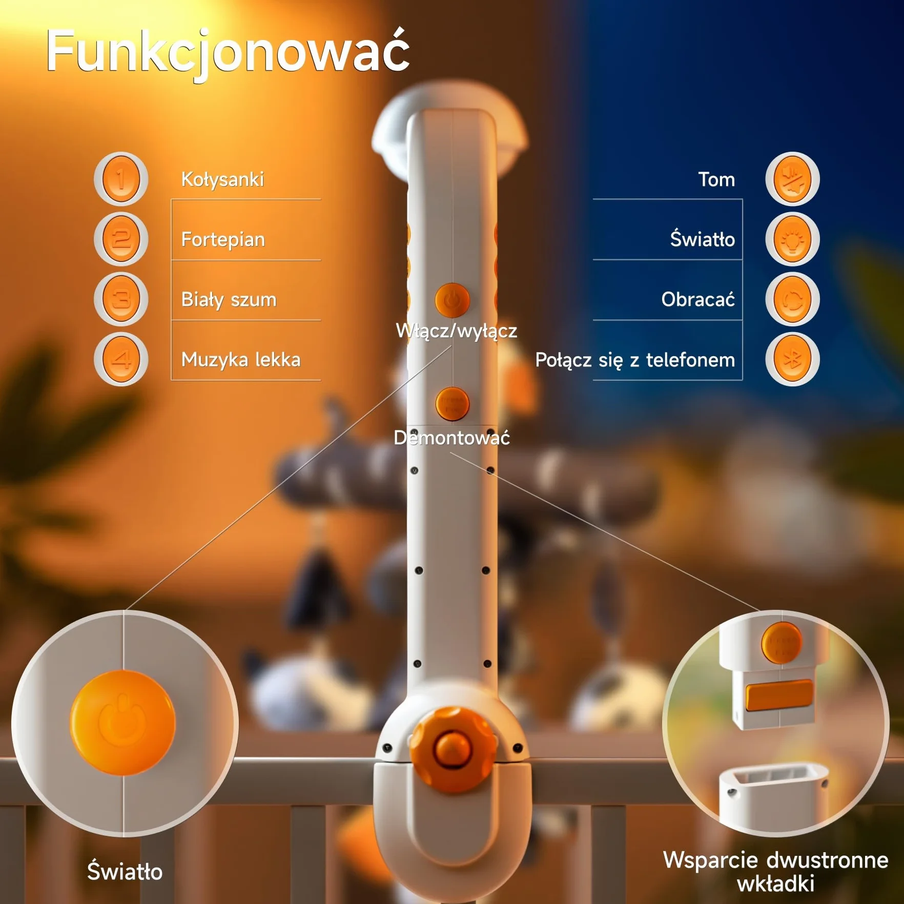 TUMAMA Baby Mobile łóżeczko dziecięce z muzyką, 3 w 1 mobilne dla dzieci do łóżka z światłem projekcyjnym, rotacja, muzyka zegar zabawki, obrotowe i wyjmowane uchwytowe akcesoria od 0 2 3 6 9 miesięcy