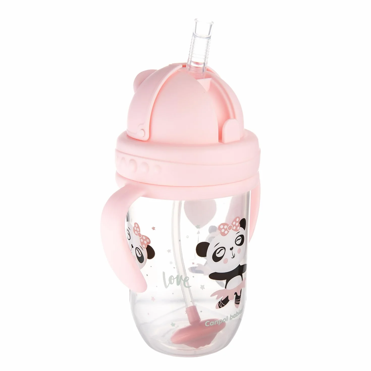 Canpol babies Kubek niekapek z rurką i odważnikiem EXOTIC ANIMALS 270 ml, 6 m+, Picie pod każdym kątem, Niekapiąca miękka silikonowa rurka, Szczelna pokrywka (Różowy Panda)