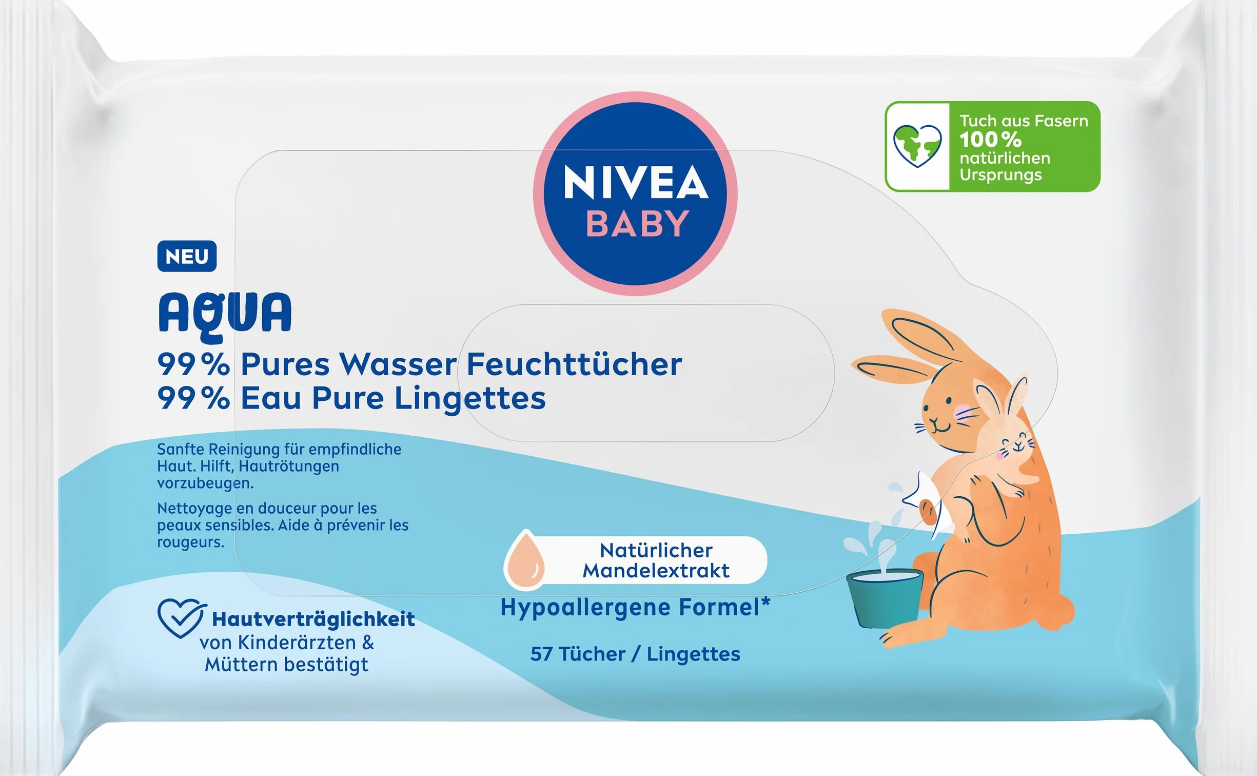 NIVEA Baby Aqua chusteczki nawilżane dla niemowląt, do delikatnego czyszczenia wrażliwej skóry, hipoalergiczne i bezzapachowe chusteczki nawilżane dla niemowląt, 99% wody (1 x 57 sztuk)