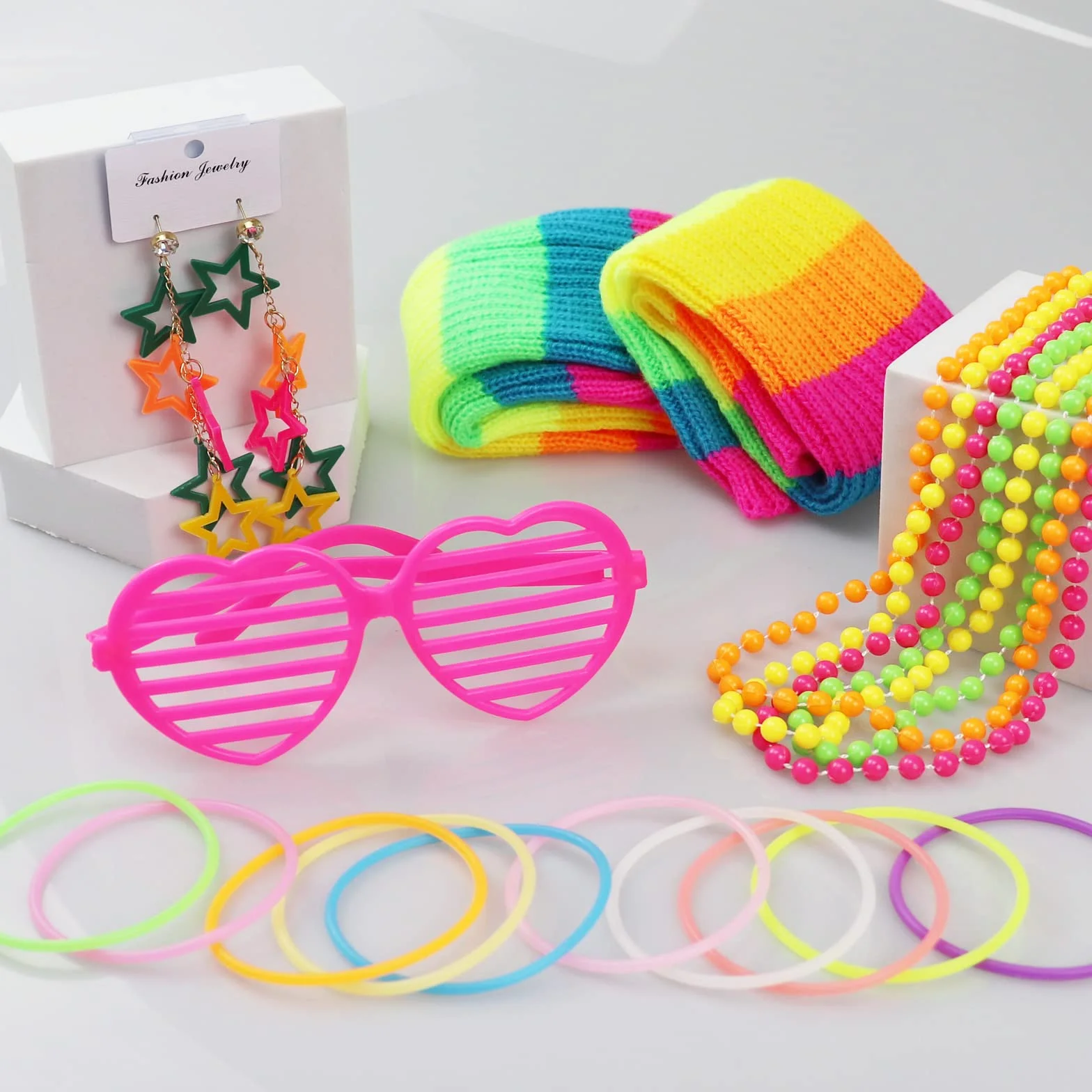 Przebranie w stylu retro w stylu lat 80. dla kobiet i dziewcząt, tęczowe akcesoria imprezowe z tutu, legginsy, rękawiczki, okulary, kolczyki, bransoletka, naszyjnik, opaska na głowę