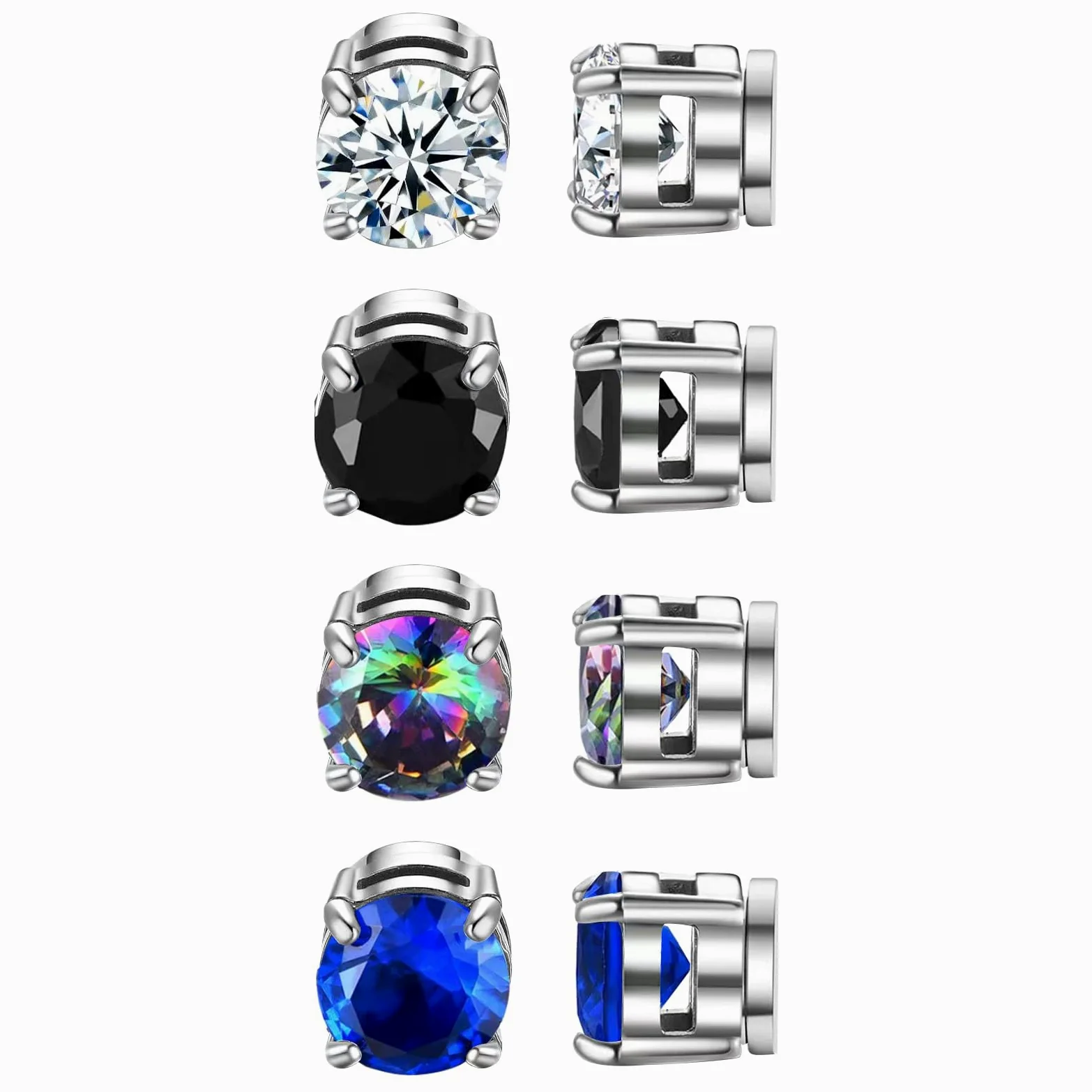 JewelryWe Kolczyki magnetyczne dla mężczyzn i kobiet: 4 pary 8 mm kolorowe okrągłe cyrkonie stal szlachetna magnetyczne kolczyki na sztyfcie, bez przekłuwania uszu, Stal nierdzewna