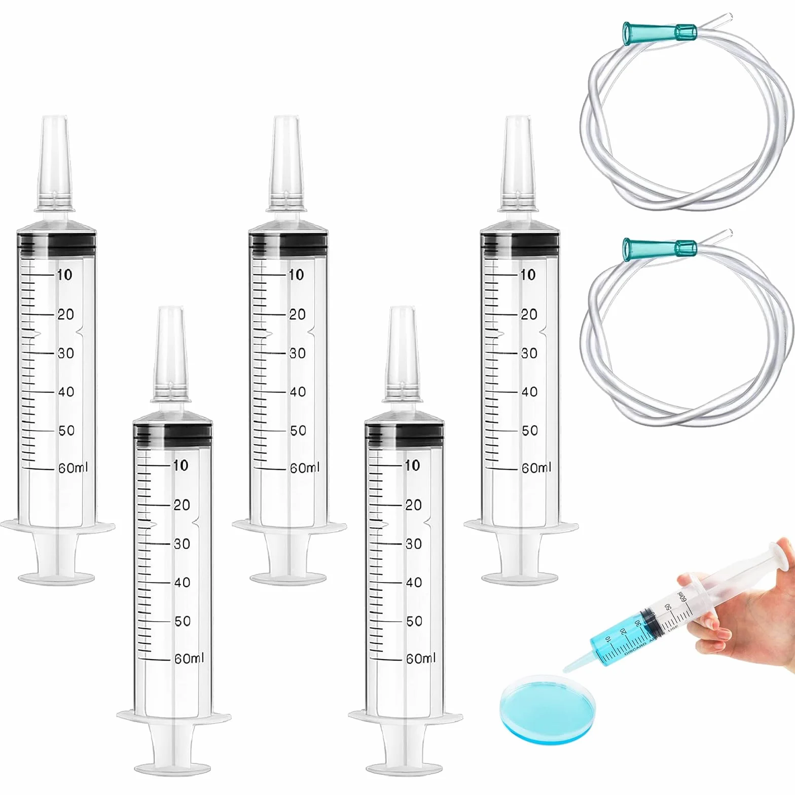 5 sztuk strzykawek z wężem, zestaw syringów, strzykawka z tworzywa sztucznego, 60 ml, strzykawki wielokrotnego użytku, do eksperymentów laboratoryjnych, karmienia zwierząt, prac ogrodowych, zastosowań