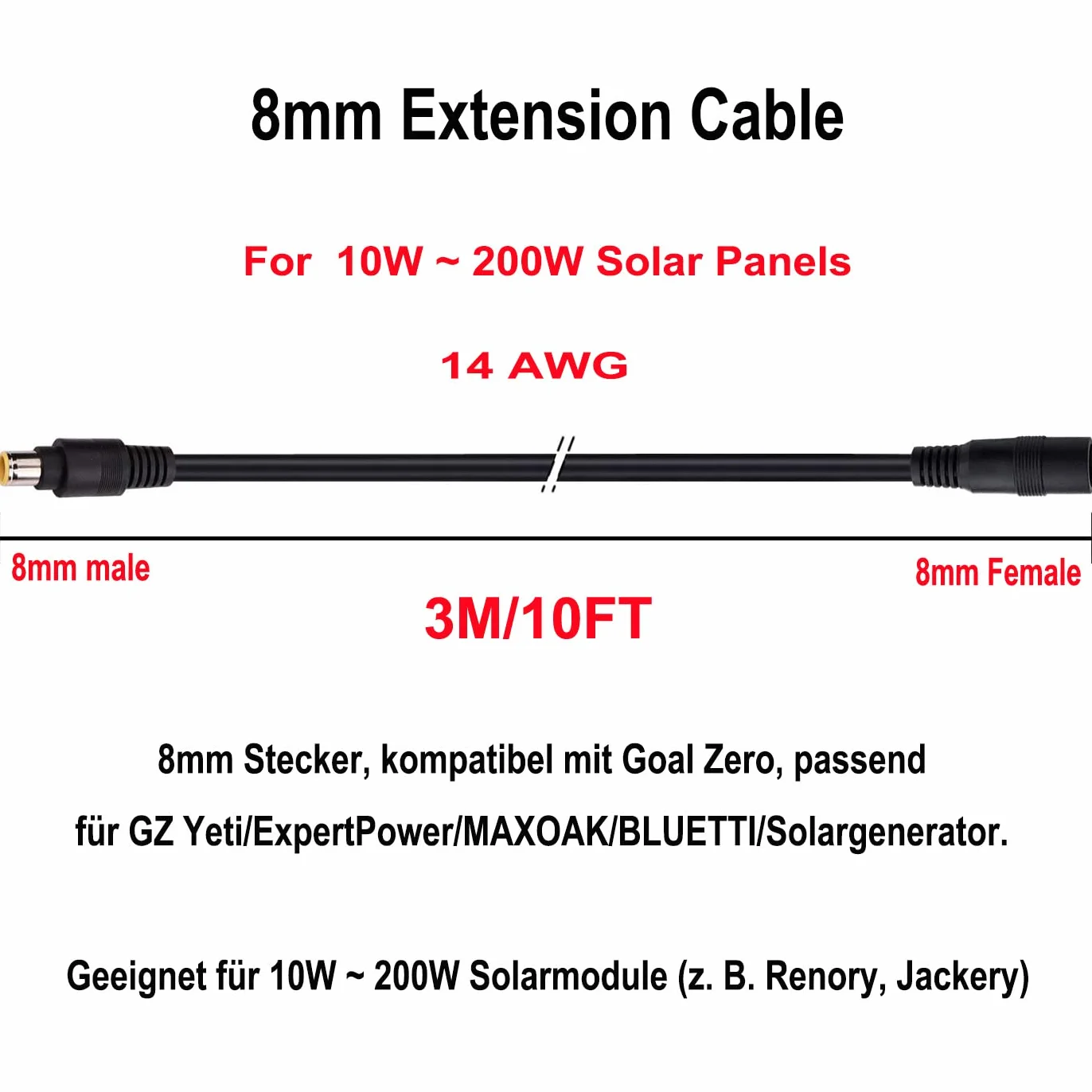 Kabel zasilający, przedłużacz 3 m DC 8,0 mm, adapter do Jackery, składany panel słoneczny, generator solarny (3 m)