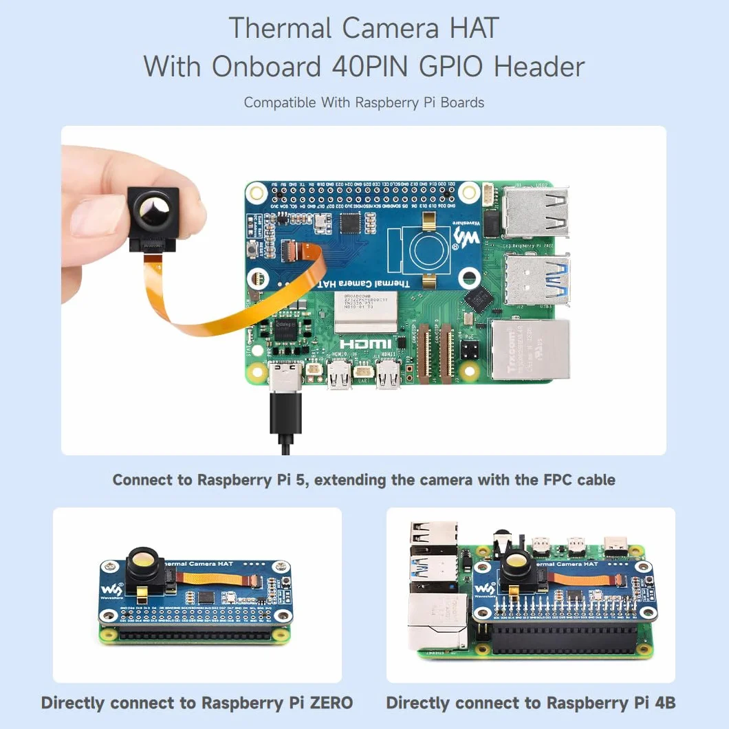 Waveshare Long-Wave IR Thermal Imaging Camera Module, 80×62 Pixels, 45°FOV, Available with 40PIN GPIO Header