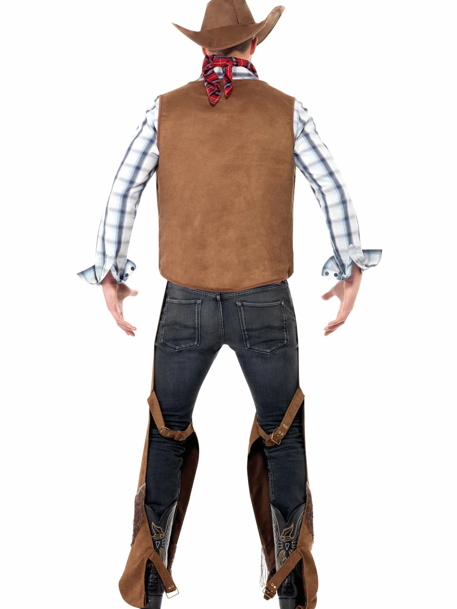 Smiffys Frędzle kostium kowbojski brązowy z kamizelką, ochrona nóg, chusta na szyję i kapelusz, średni, 22656M