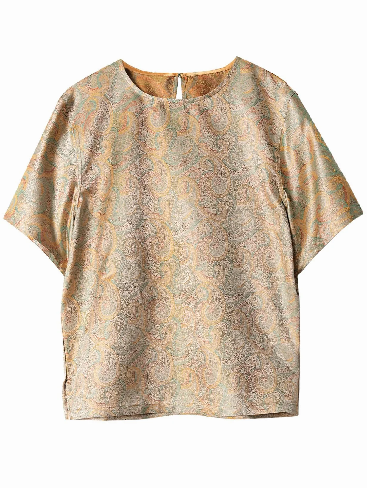 HangErFeng Damska Jedwabna Bluzka Piosenka Brocade Paisley Krótki Rękaw Okrągły Dekolt Top 633