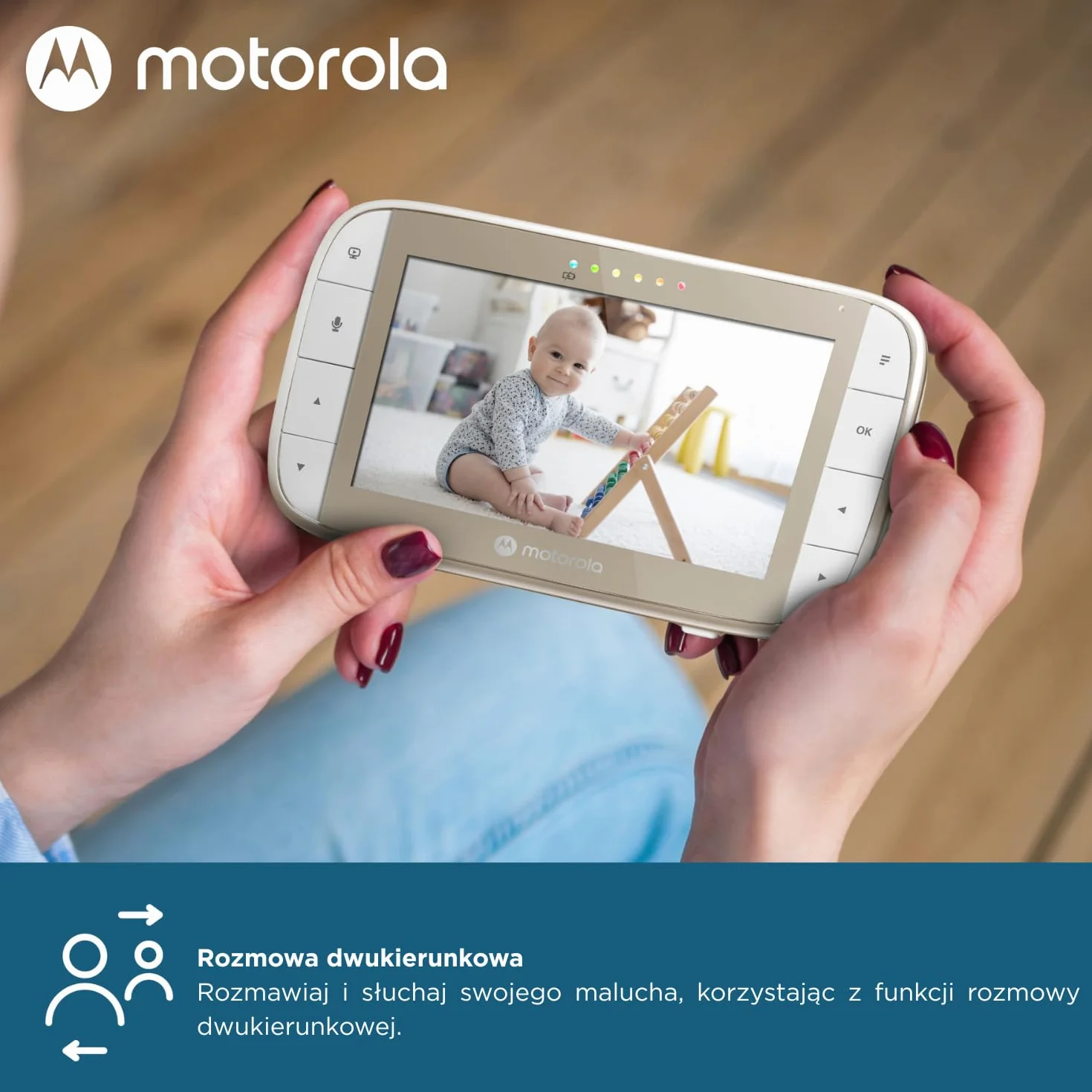 Motorola Nursery VM50G dla niemowląt z kamerą, 5-calowym kolorowym ekranem, funkcją widzenia w nocy, zoomem cyfrowym, dwukierunkową rozmową, czujnikiem temperatury