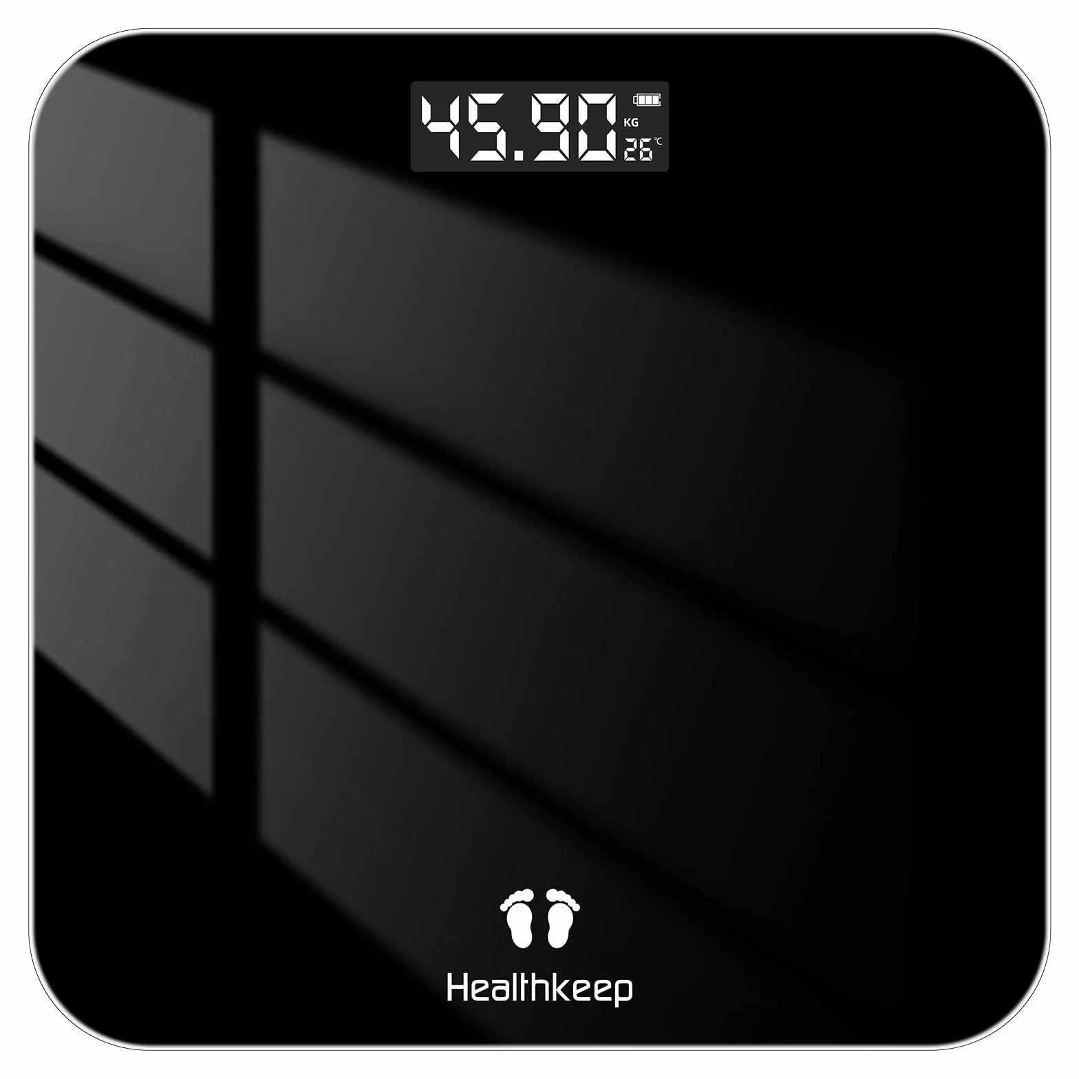 Healthkeep Waga osobowa, waga do ciała z czujnikami o wysokiej precyzji, waga cyfrowa z technologią Step-On, waga ze szkła bezpiecznego, czarna