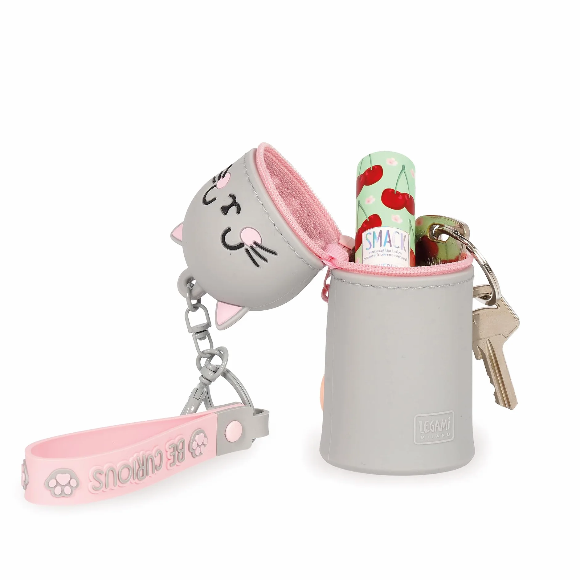 Legami Kawaii Mini Kawaii Portmonetka z motywem Kitty, z pierścieniem spiralnym, karabińczykiem i paskiem na rękę, silikonowa, 5 x 12 x 5 cm