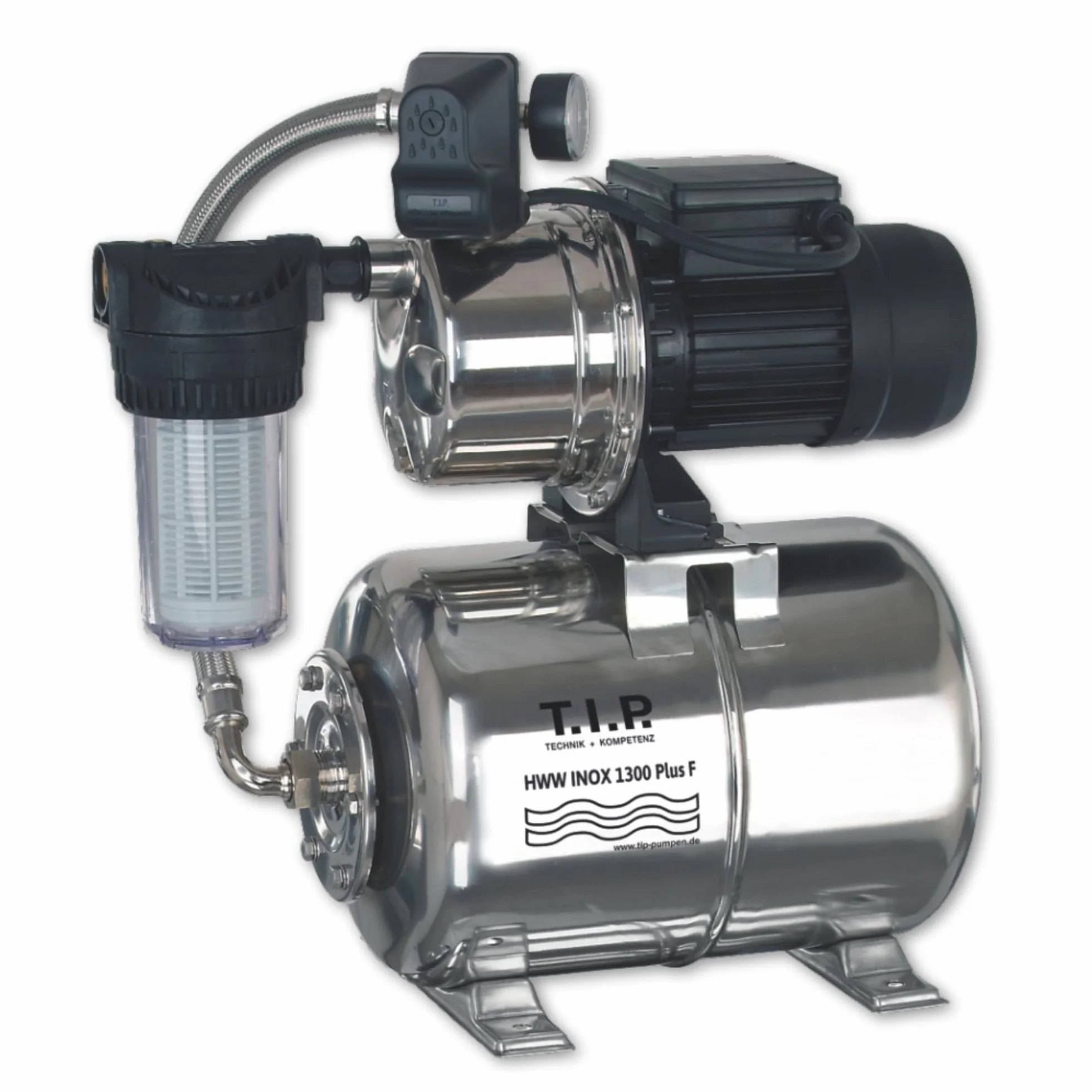 T.I.P. Hauswasserwerk HWW INOX 1300 Plus F – Edelstahl, 1200W, pompa strumieniowa, 4350 l/h, 50m, filtr wstępny, bezkonserwacyjna, ochrona termiczna