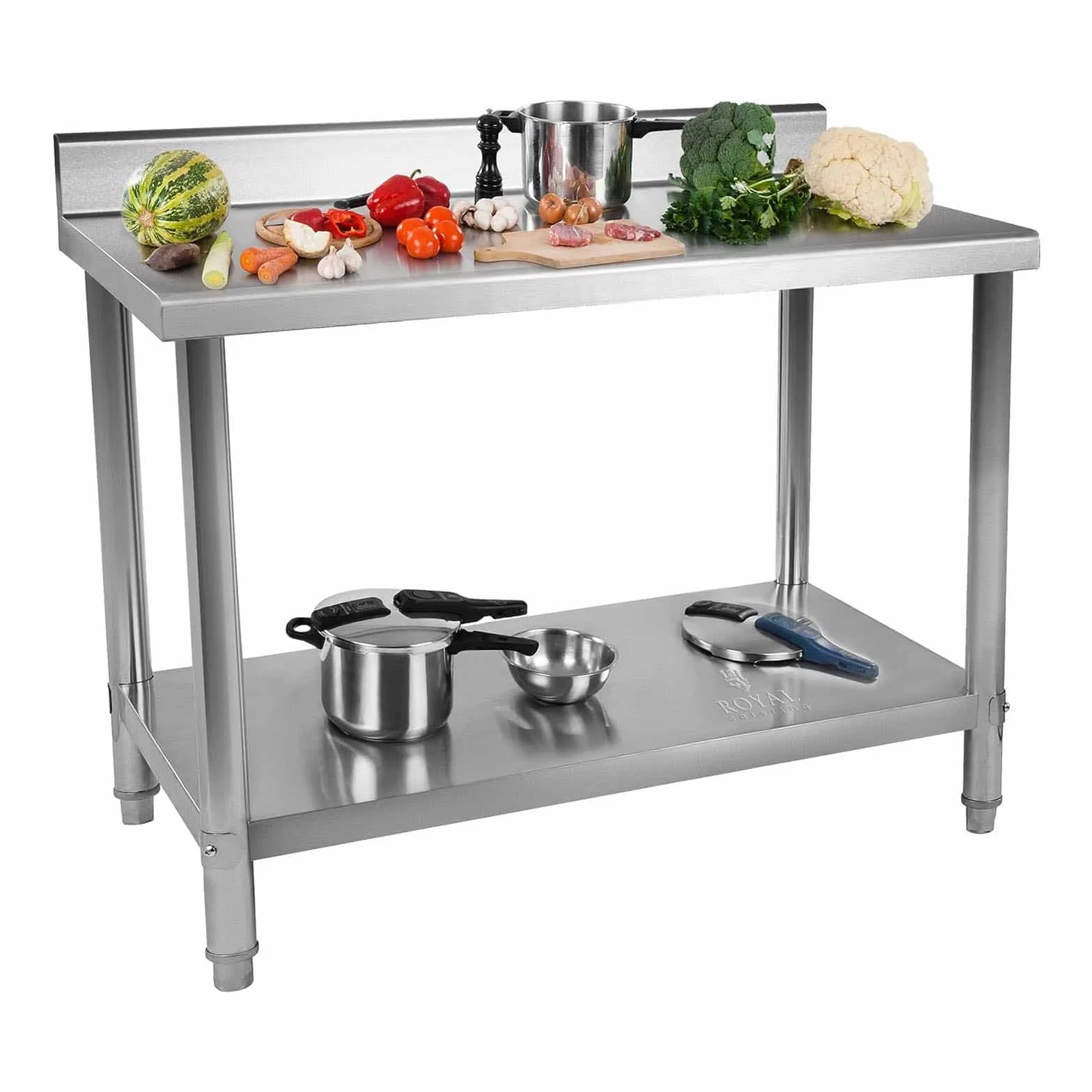 Royal Catering RCAT-100/60-N stół roboczy ze stali nierdzewnej, stół kuchenny, stół ze stali nierdzewnej, 100 x 60 cm, z regulacją wysokości, stół grillowy, meble kuchenne