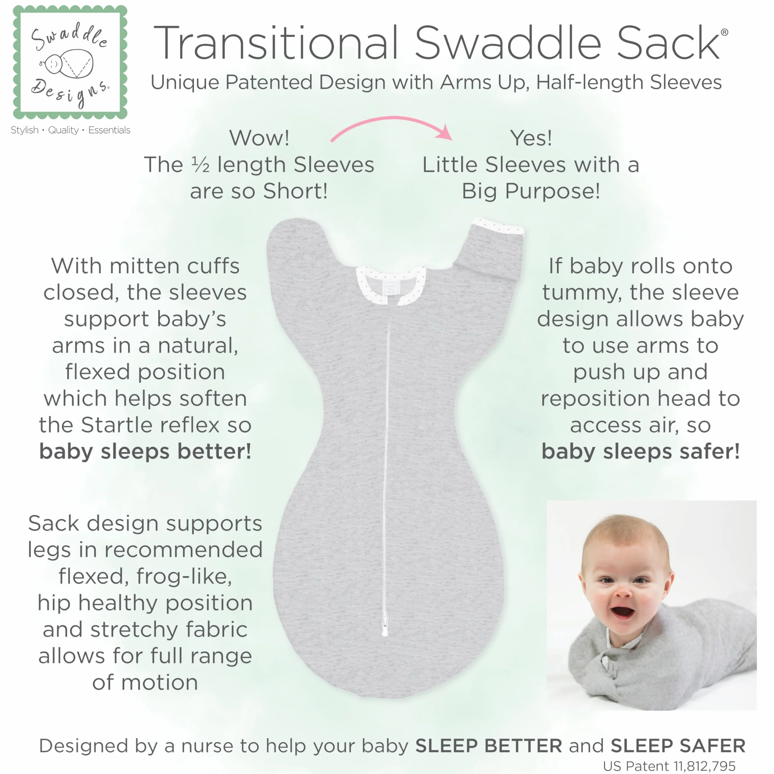 SwaddleDesigns Przejściowy worek do przewijania z rękawami do połowy długości i mankietami rękawiczek, wrzosowy turkusowy z wykończeniem w kropki, mały, 0-3 mies, 2,7-6,4 kg (lepszy sen, łatwe