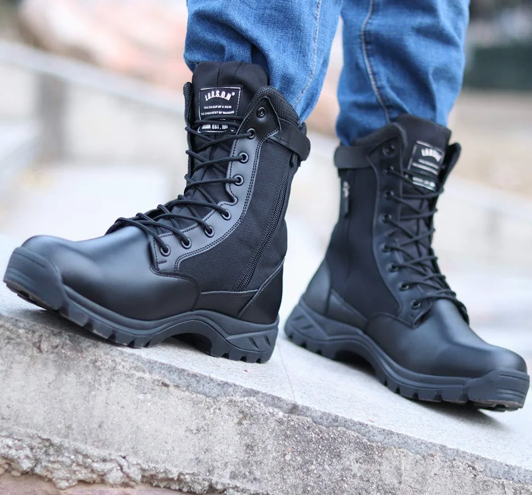 Męskie Buty Wojskowe, Przytulne Buty Bojowe, Wodoszczelne, Czarne Buty Taktyczne z Bocznym Zamkiem Błyskawicznym YKK, Model 928