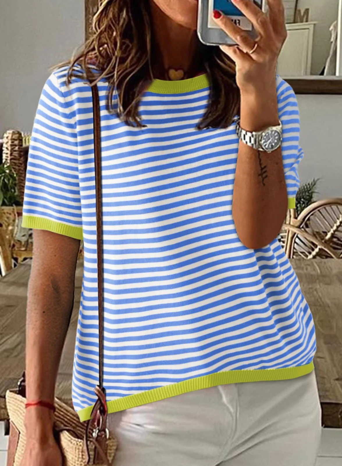 Cuptacc Koszulka Femme Rayure Toton Top Femme Chic et Élégant Col Rond été Manche Courte Blouse