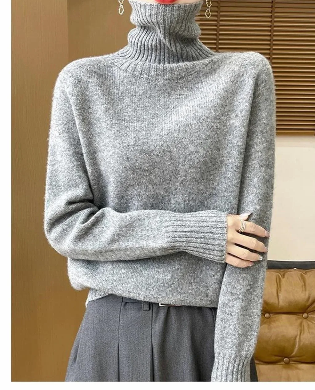 Sweter Damski Z Kaszmiru Z Wysokim Kołnierzem, Dzianinowy, Z Długim Rękawem, Miękki, Ciepły, Na Jesień I Zimę, Codzienny-85-Large