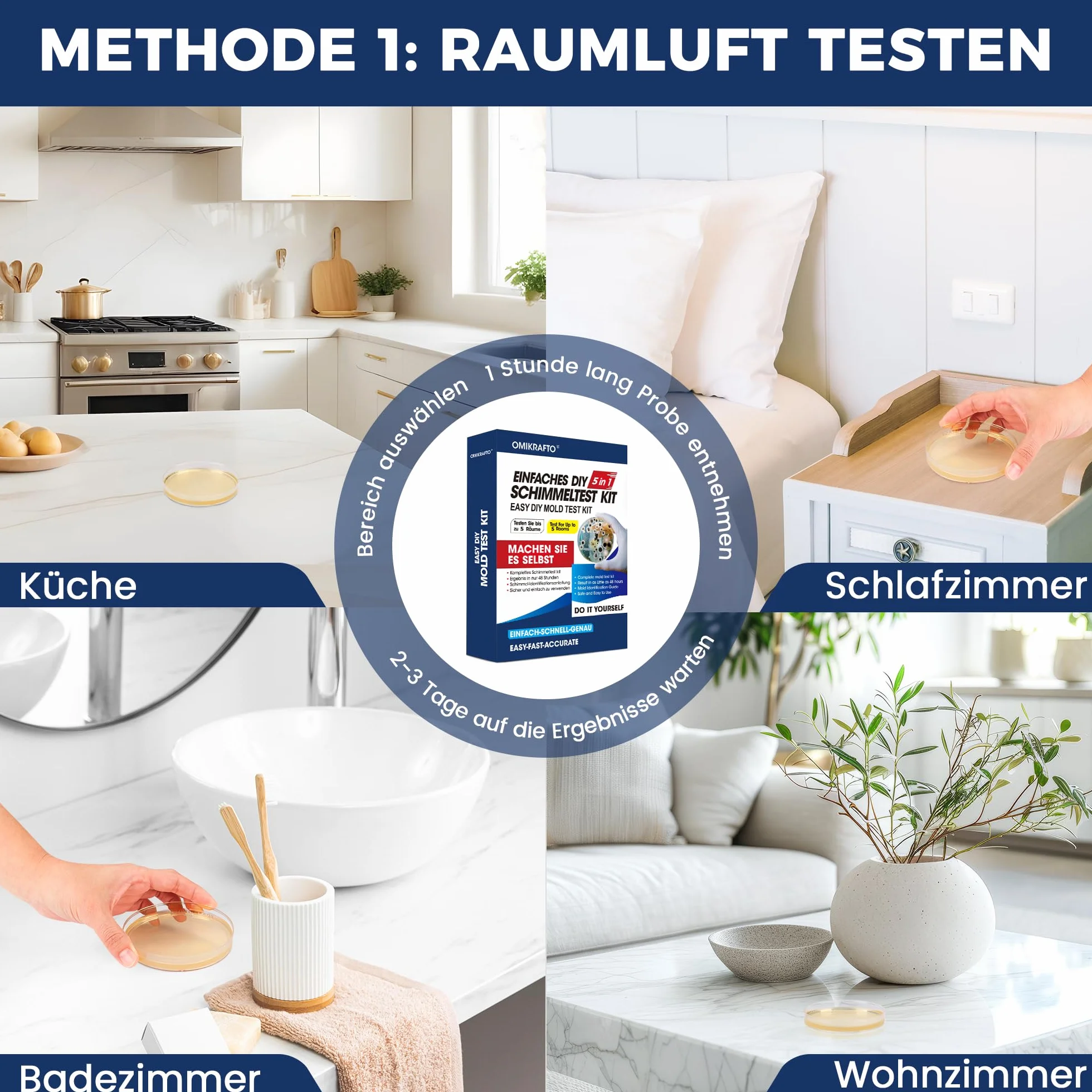 Zestaw do testu na pleśń Omikrafto na dom - test na pleśń do 5 pomieszczeń - szybki test na pleśń w pomieszczeniach na jakość powietrza wewnątrz - w zestawie przewodnik identyfikacyjny i instrukcja