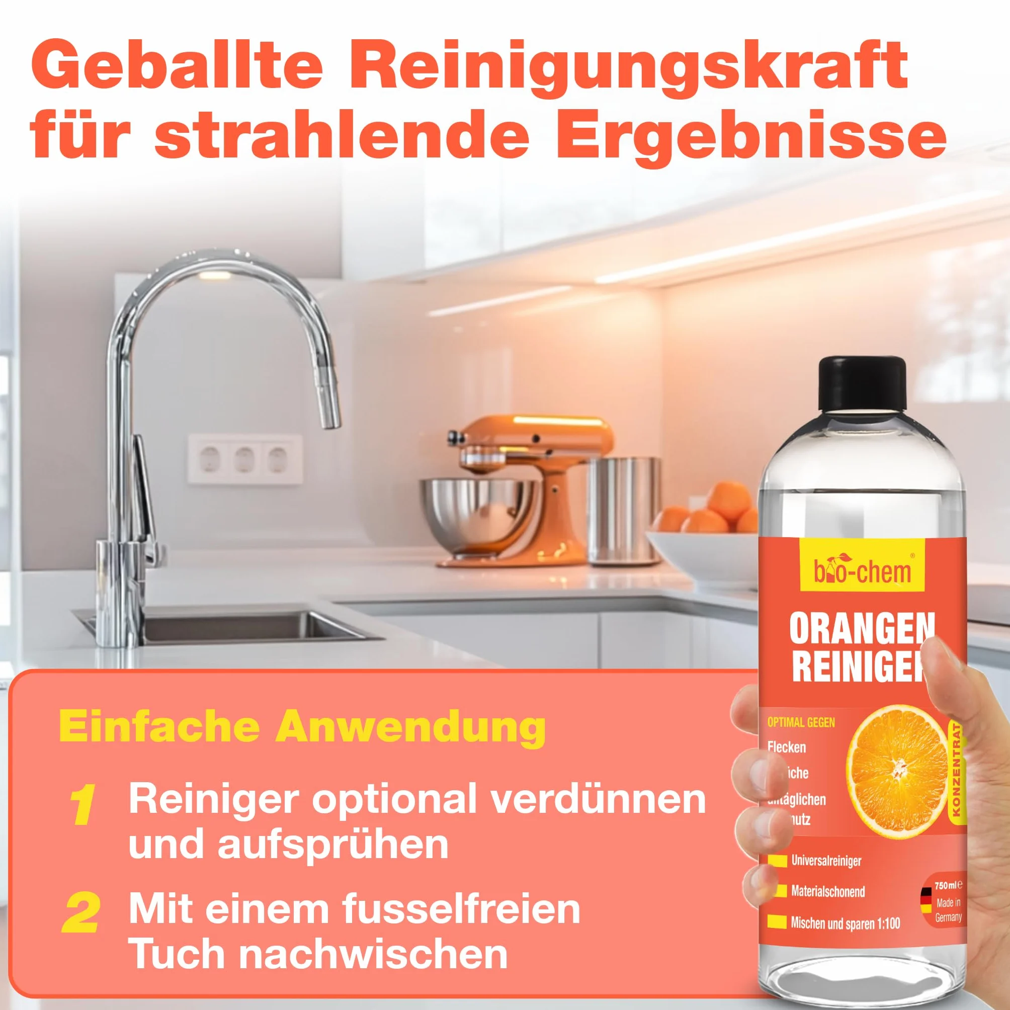 bio-chem Koncentrat do czyszczenia pomara?czy, 750 ml, w zestawie butelka z rozpylaczem mocny uniwersalny ?rodek czyszcz?cy o przyjemnym pomara?czowym zapachu wydajny koncentrat do czyszczenia z