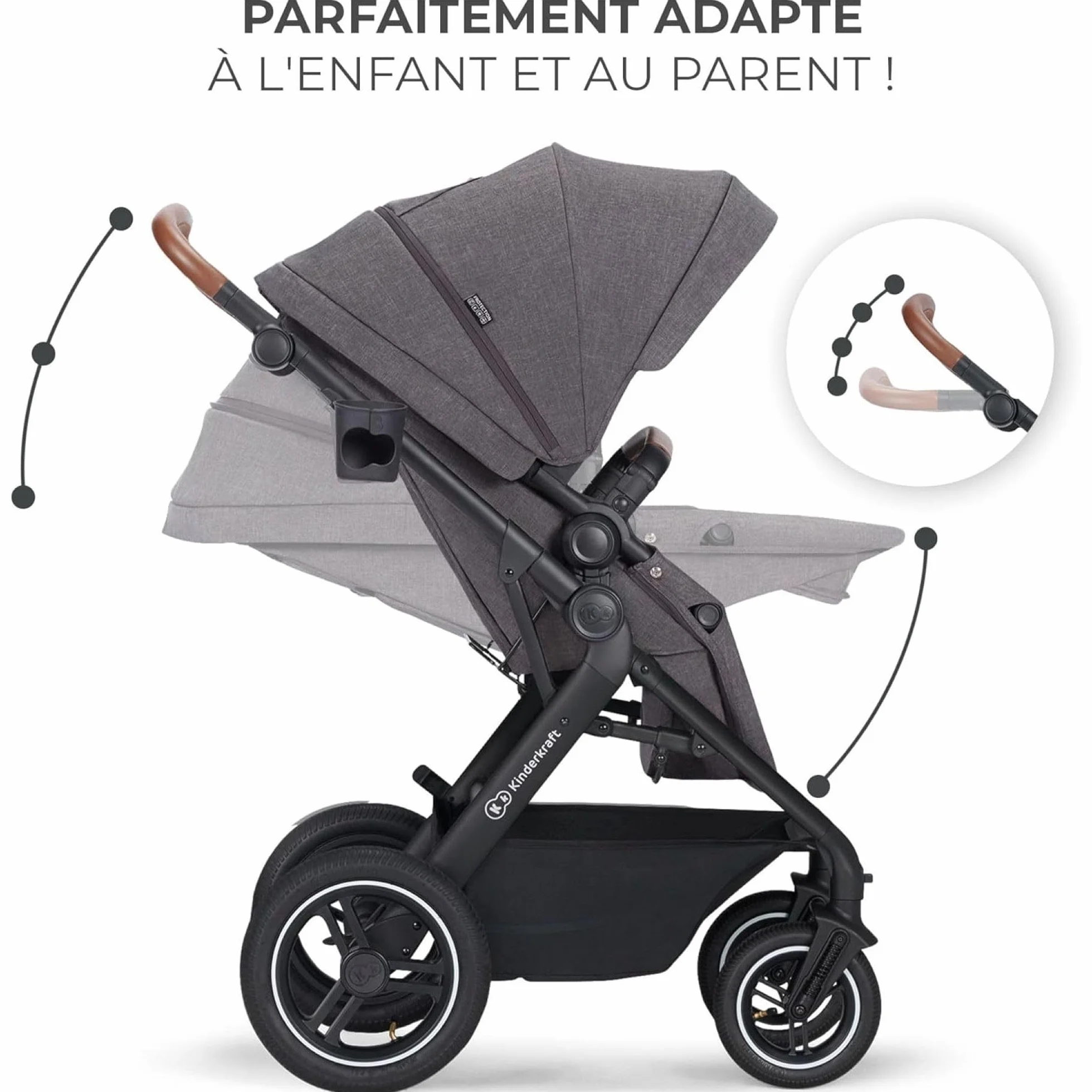 Kinderkraft B-TOUR Wózek dziecięcy Trio Niemowlęta 3 w 1 22 kg, System modułowy, z Ovetto I-size 40-75 cm, Składany, Siedzenie XL, Wodoodporny filtr UPF50+, Pozycja Banna, Szary