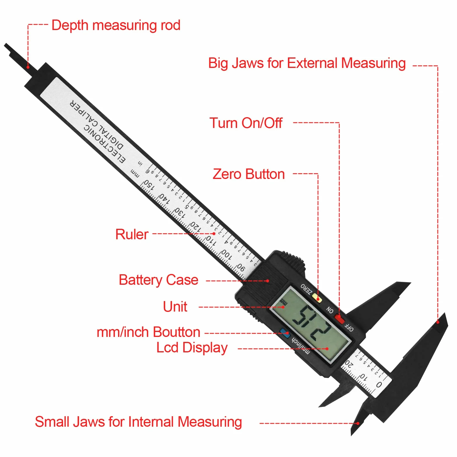 Gvolatee Suwmiarka cyfrowa, 150 mm/6", włókno węglowe, suwmiarka cyfrowa z przezroczystą baterią Lcd i zapasową, profesjonalny kalibrator do użytku na wewnątrz, zewnątrz,głębokości i pomiaru kroków
